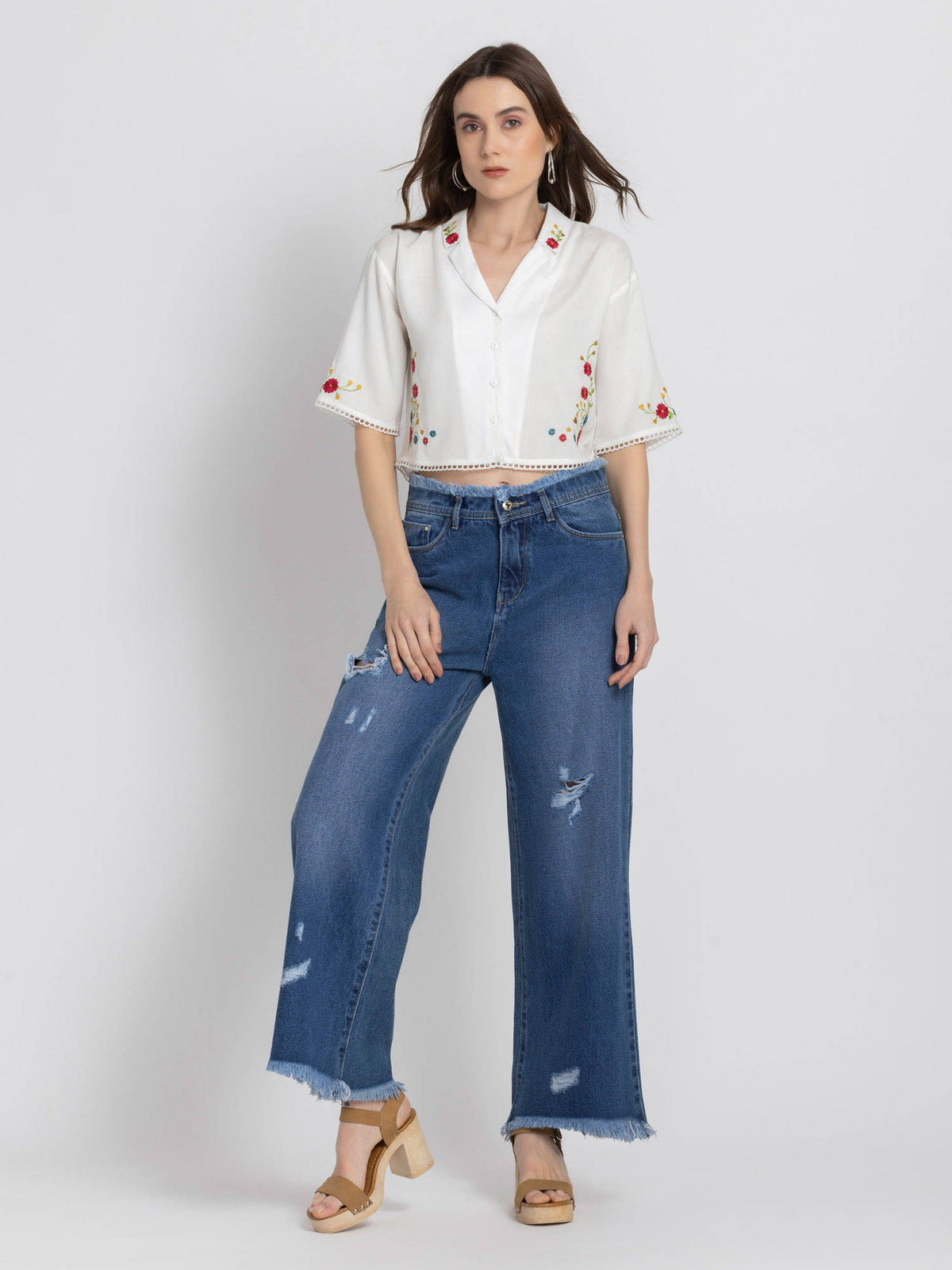 Spread Collar White Embroidered Short Sleeves Casual Top For Women | CT61 - view 5
