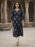 Navy Blue Embellished/Sequined Three Fourth Sleeves Kurta | FY93 - view 1