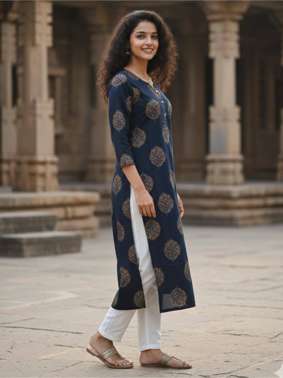 Navy Blue Embellished/Sequined Three Fourth Sleeves Kurta | KDG - view 2