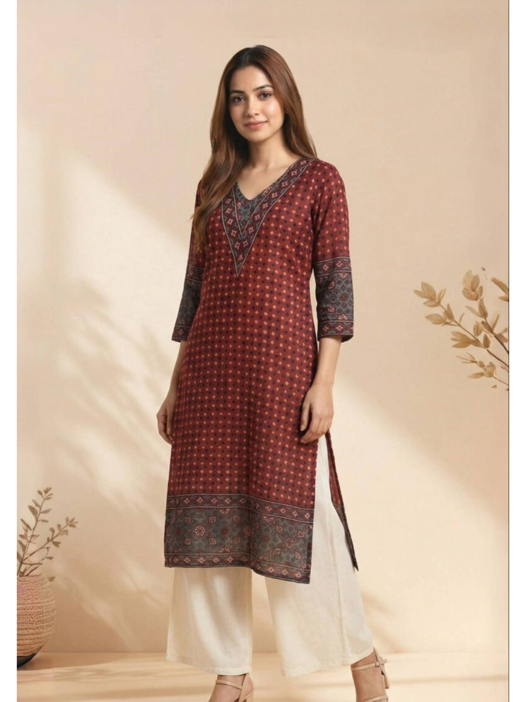 Women Maroon Elegance Ajrakh Dobby Kurta | KDG - view 1