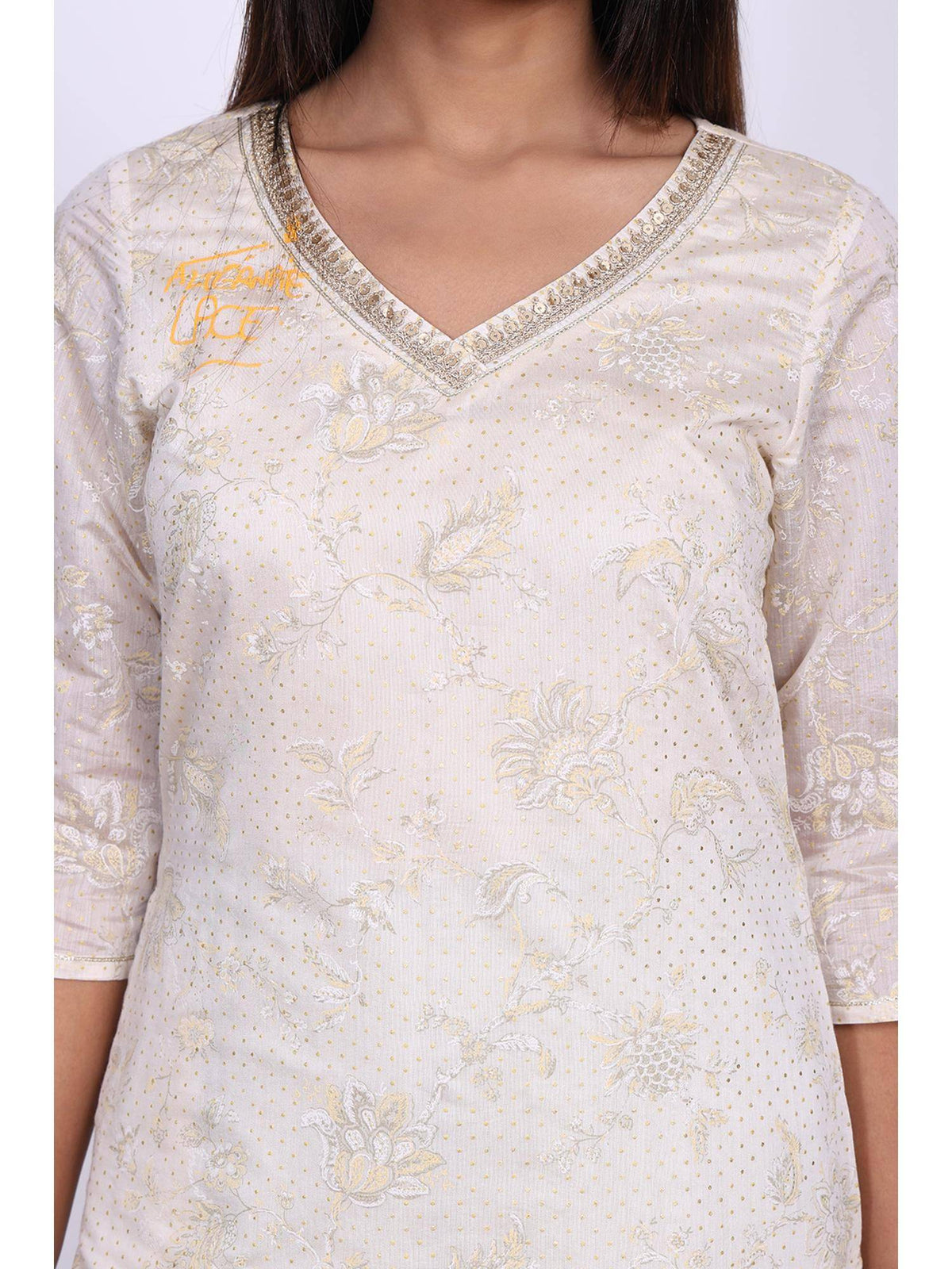 Womens Beige Floral Printed Sequins Straight Kurta | FY93 - view 2