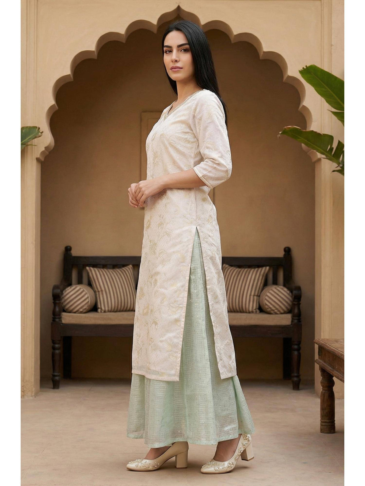 Womens Beige Floral Printed Sequins Straight Kurta | KDG - view 3