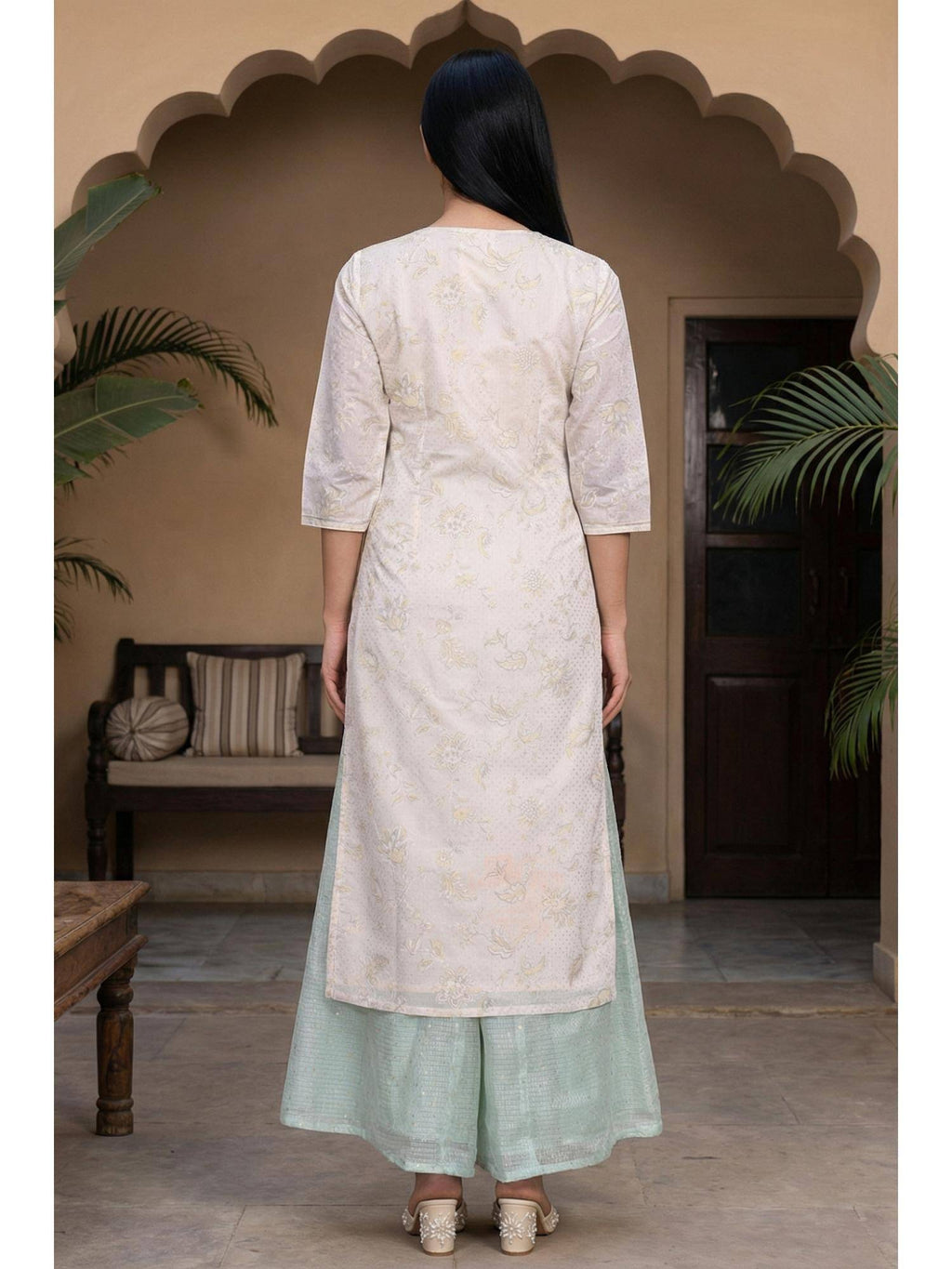 Womens Beige Floral Printed Sequins Straight Kurta | FY93 - view 4