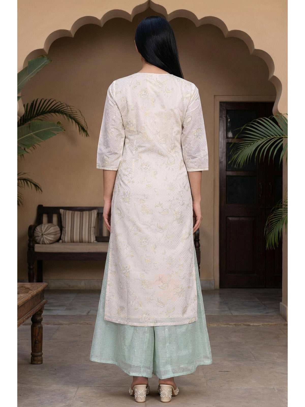 Womens Beige Floral Printed Sequins Straight Kurta | FY93 - view 4