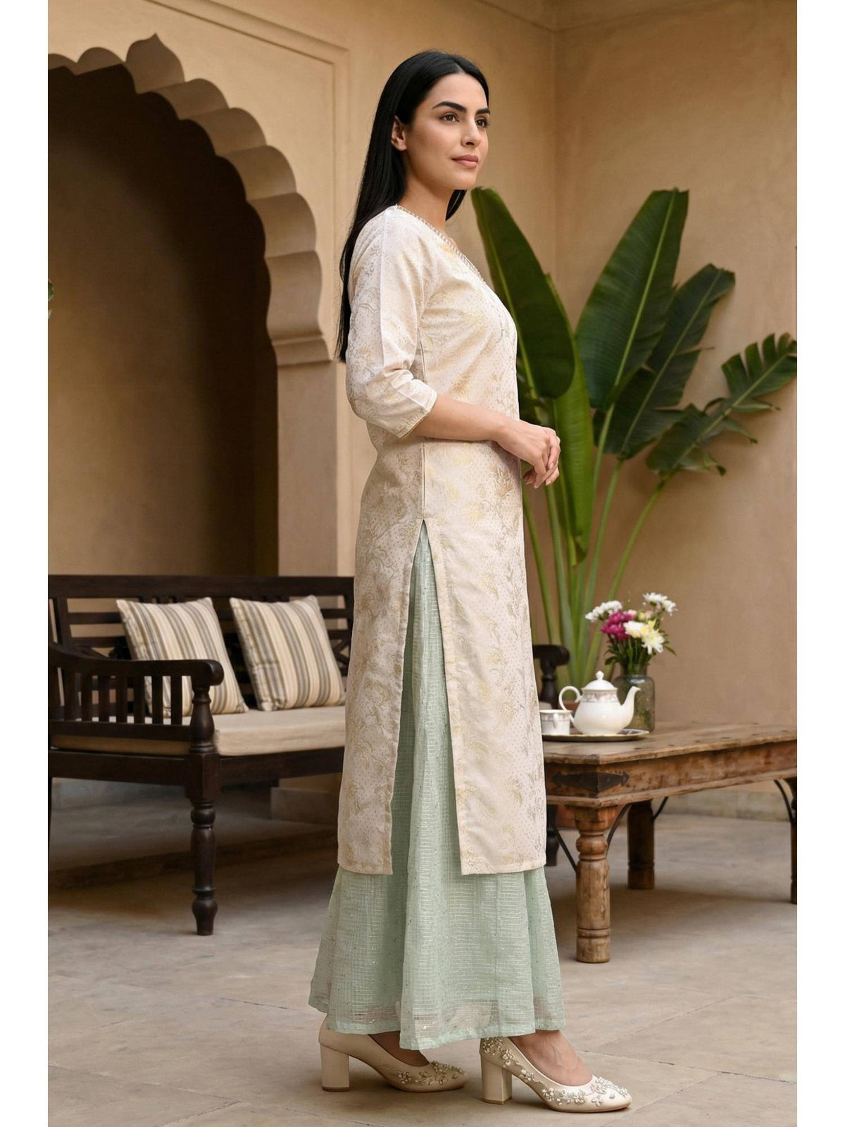 Womens Beige Floral Printed Sequins Straight Kurta | KDG - view 5