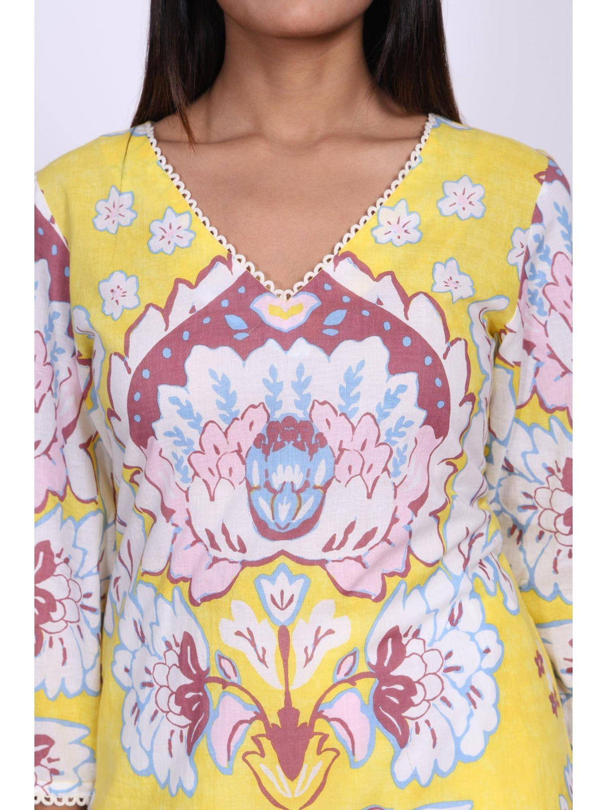 Yellow Floral Printed Lace Trim Pure Cotton Straight Kurta | FY93 - view 2