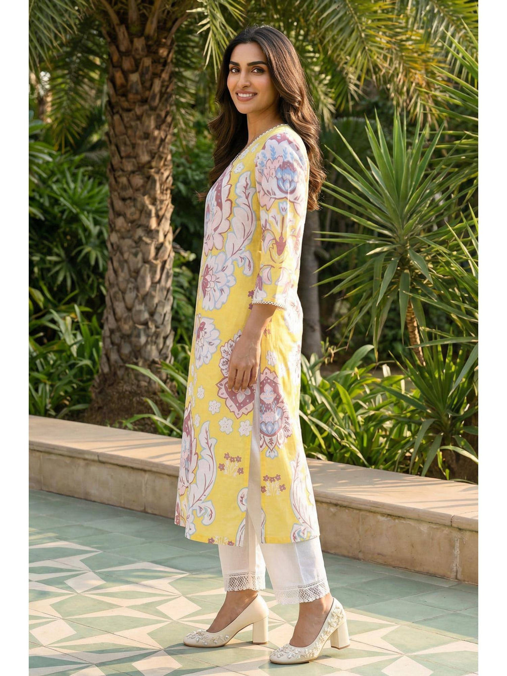 Yellow Floral Printed Lace Trim Pure Cotton Straight Kurta | KDG - view 3