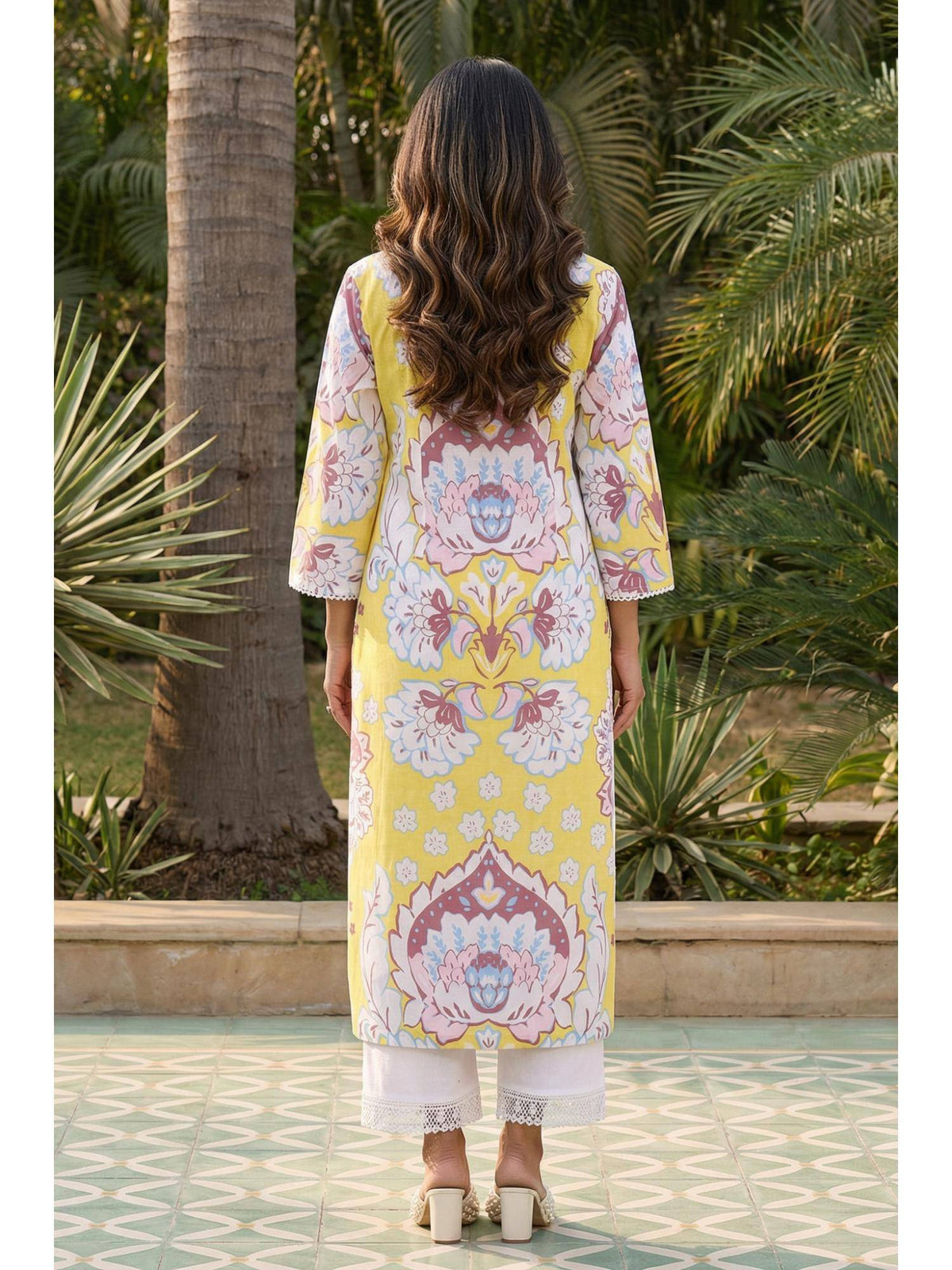 Yellow Floral Printed Lace Trim Pure Cotton Straight Kurta | KDG - view 4