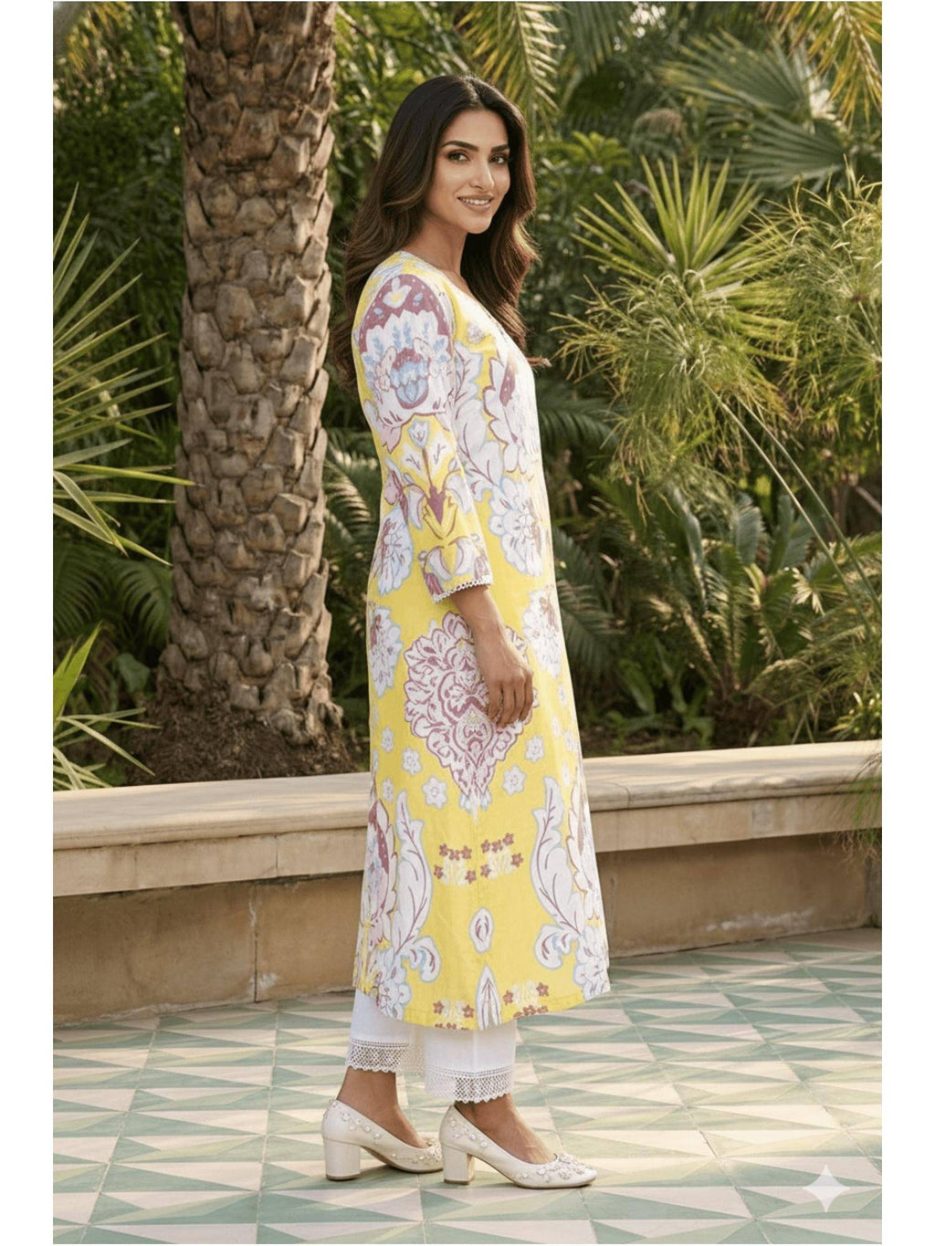 Yellow Floral Printed Lace Trim Pure Cotton Straight Kurta | FY93 - view 5