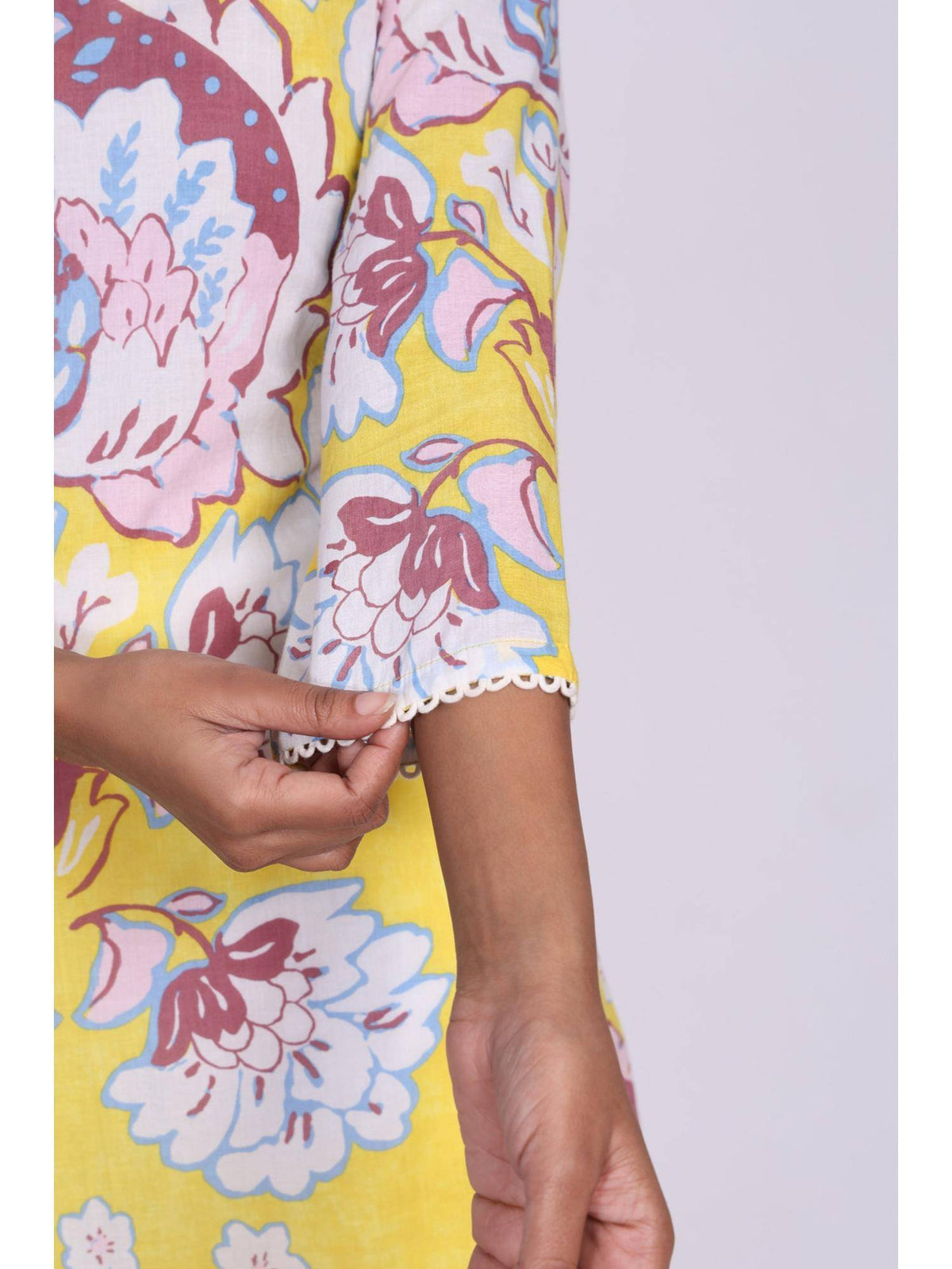 Yellow Floral Printed Lace Trim Pure Cotton Straight Kurta | KDG - view 6