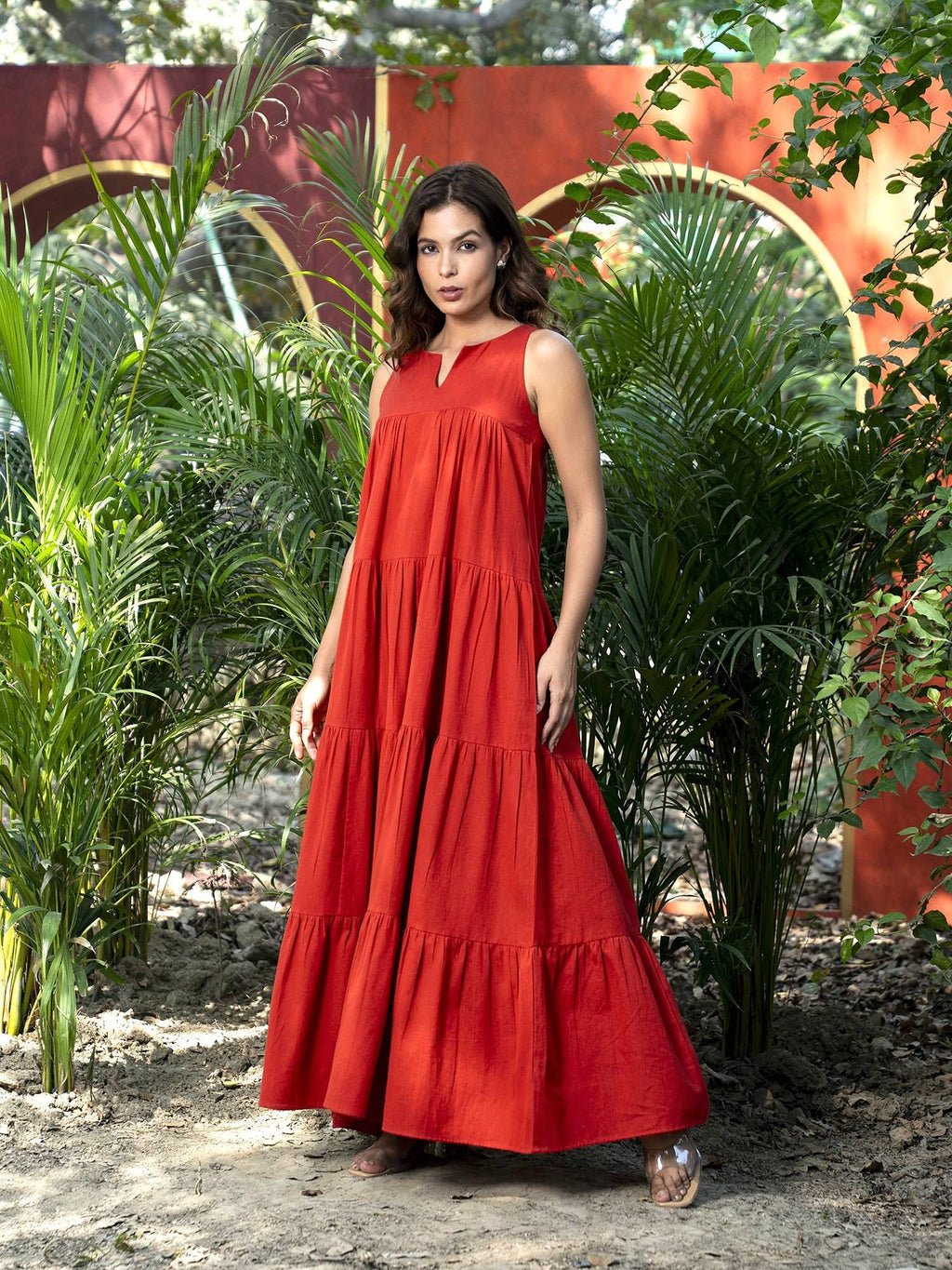 Rust Pure Cotton Layered Flare Dress | D56 - view 2
