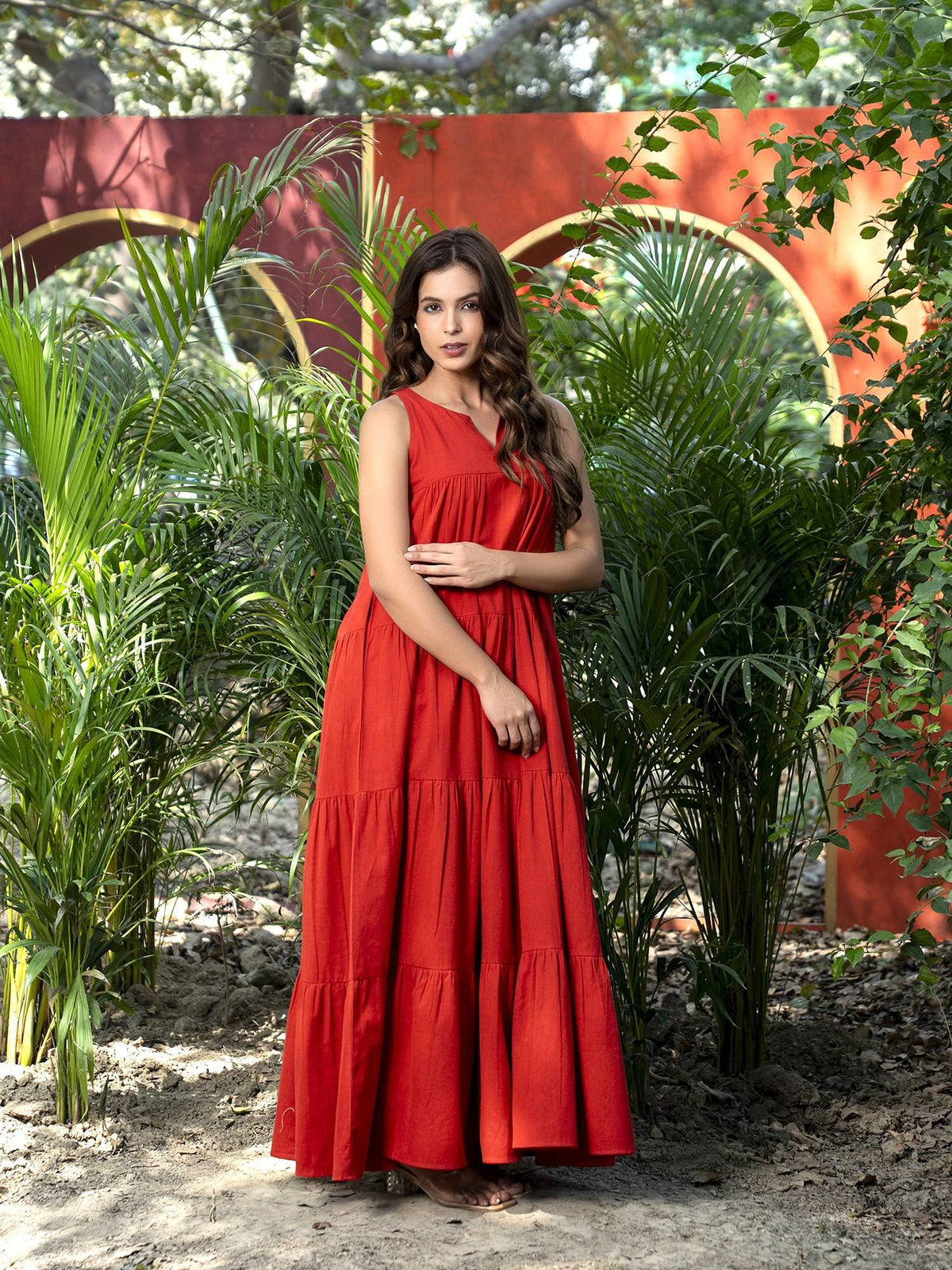 Rust Pure Cotton Layered Flare Dress | D56 - view 4