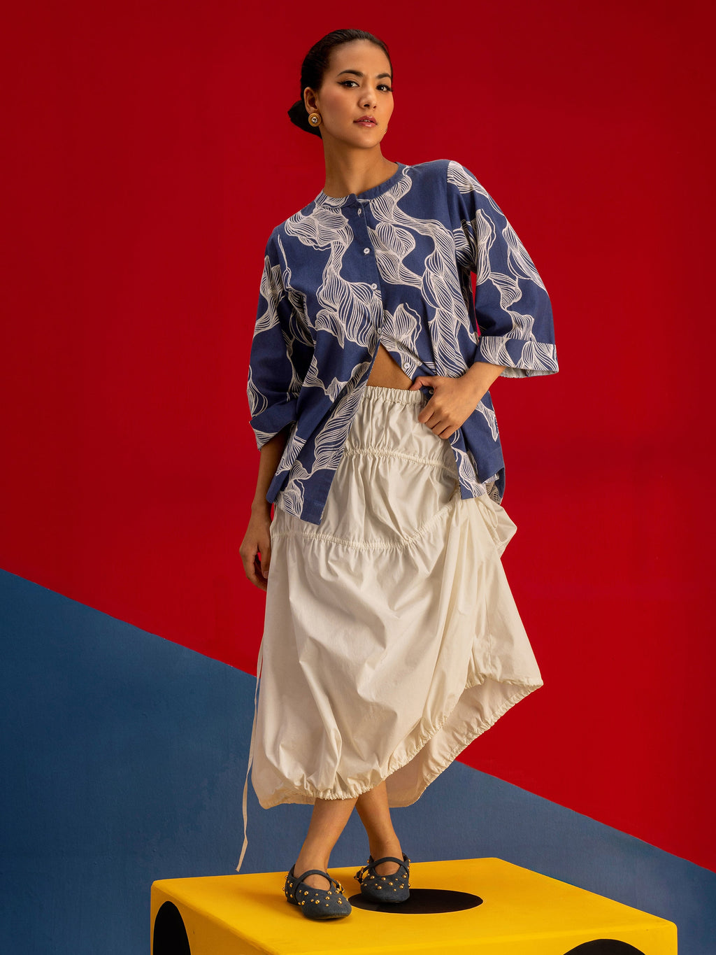 Libas Daisy Blue Abstract Printed Cotton Straight Shirt