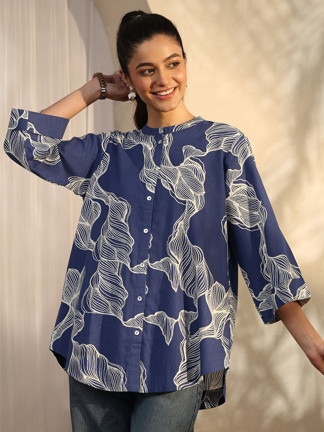 Libas Daisy Blue Abstract Printed Cotton Straight Shirt
