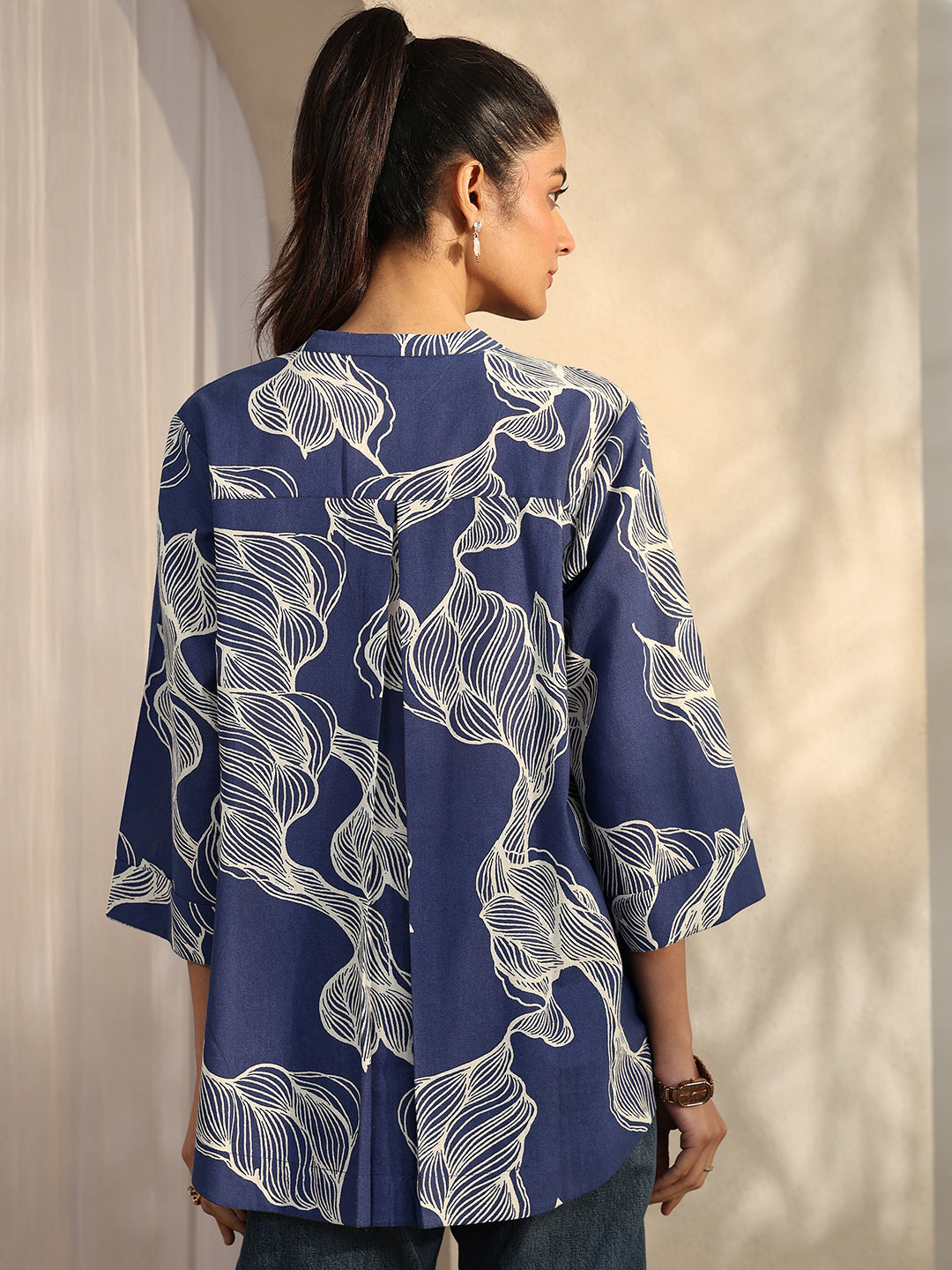 Libas Daisy Blue Abstract Printed Cotton Straight Shirt