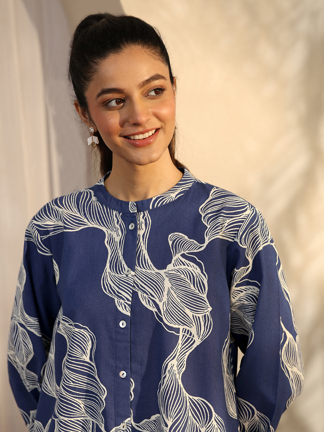 Libas Daisy Blue Abstract Printed Cotton Straight Shirt