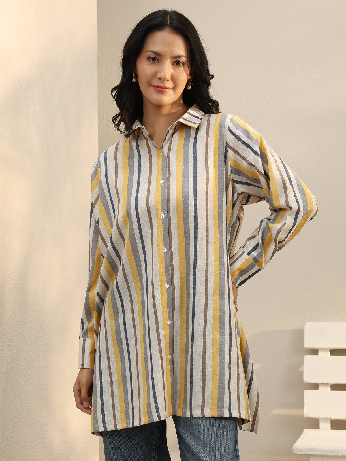 Libas Multi Coloured Striped Printed Cotton Blend Shirt