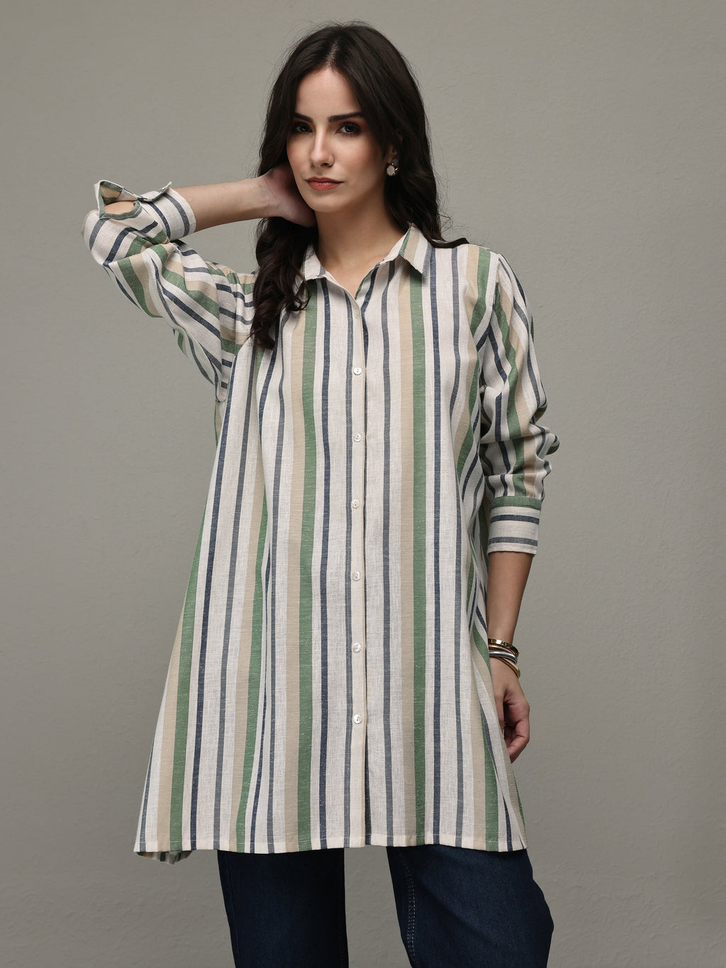 Libas Multi Coloured Striped Printed Cotton Blend Shirt