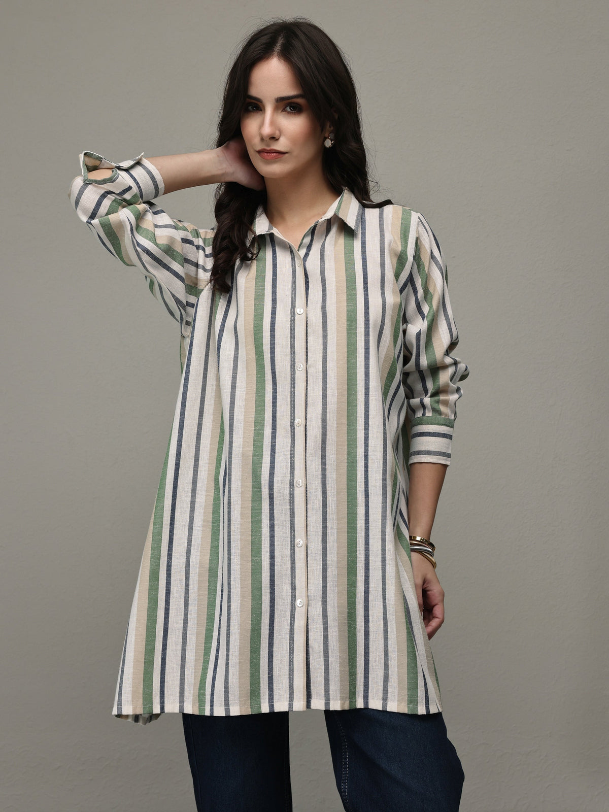 Libas Multi Coloured Striped Printed Cotton Blend Shirt