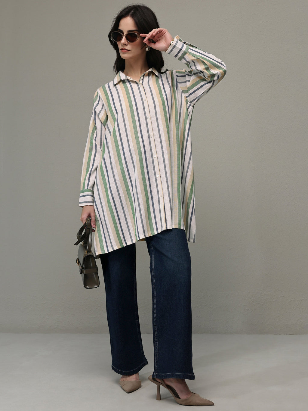 Libas Multi Coloured Striped Printed Cotton Blend Shirt