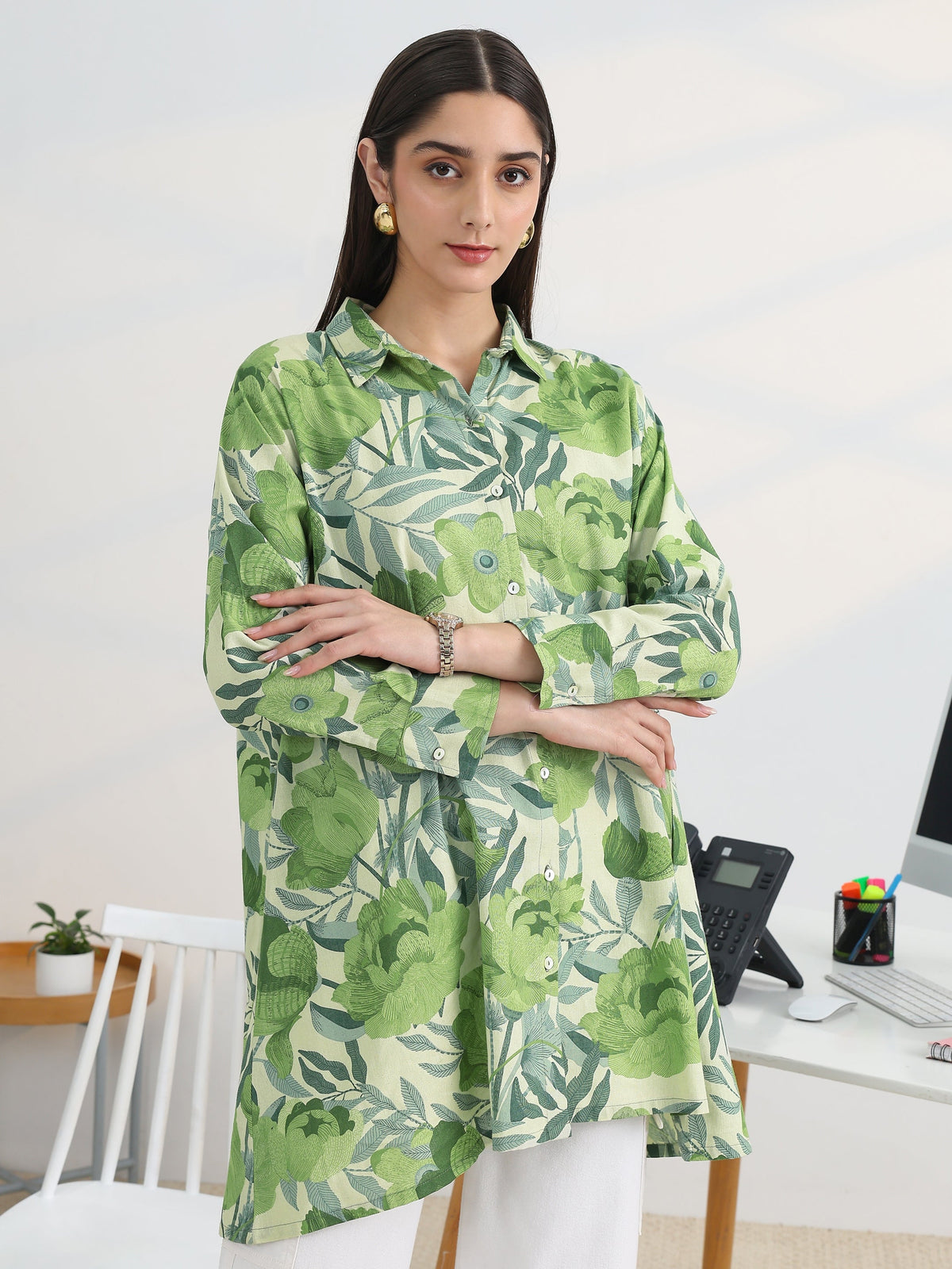 Libas Green Printed Cotton Straight Shirt