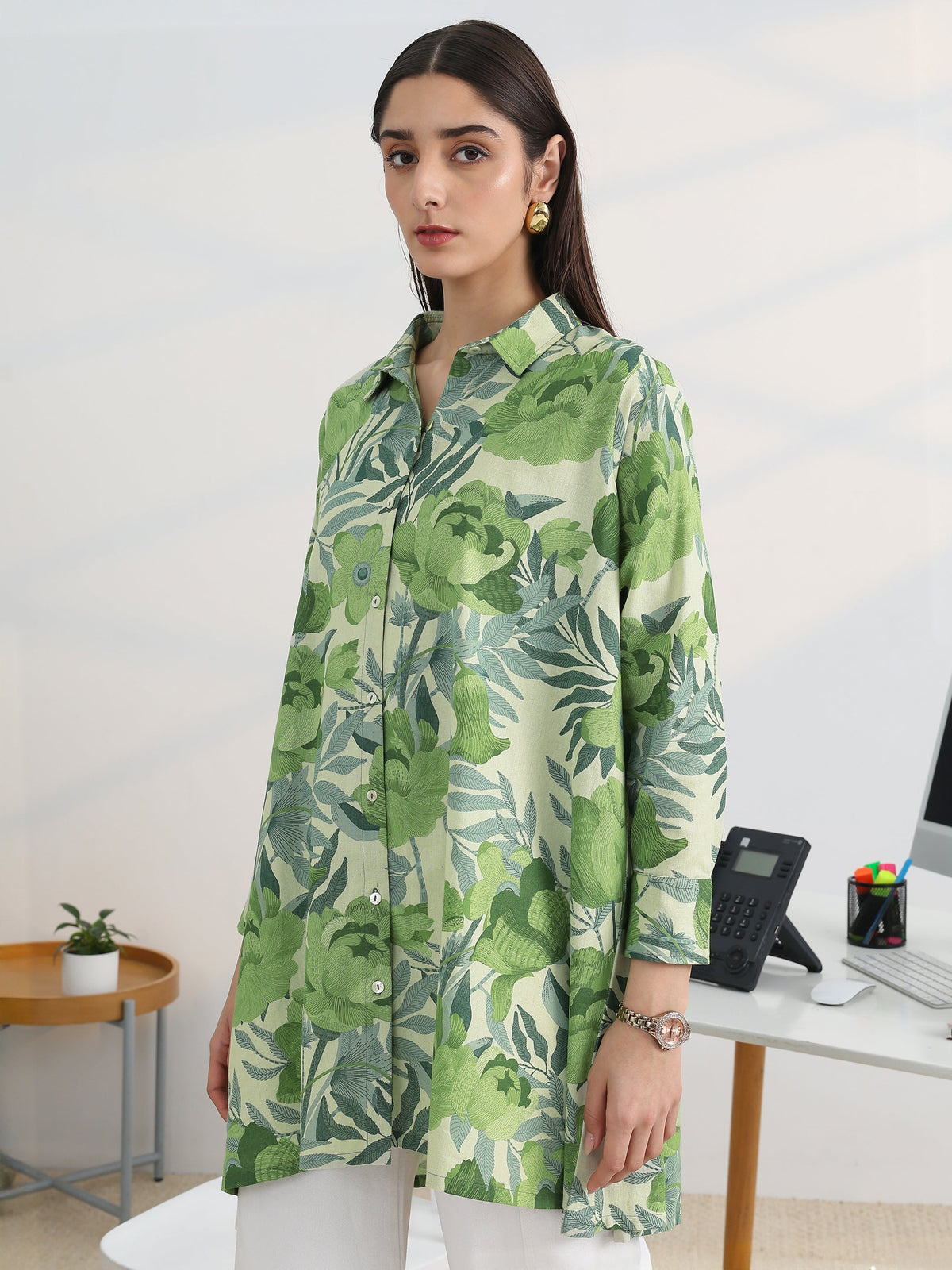 Libas Green Printed Cotton Straight Shirt