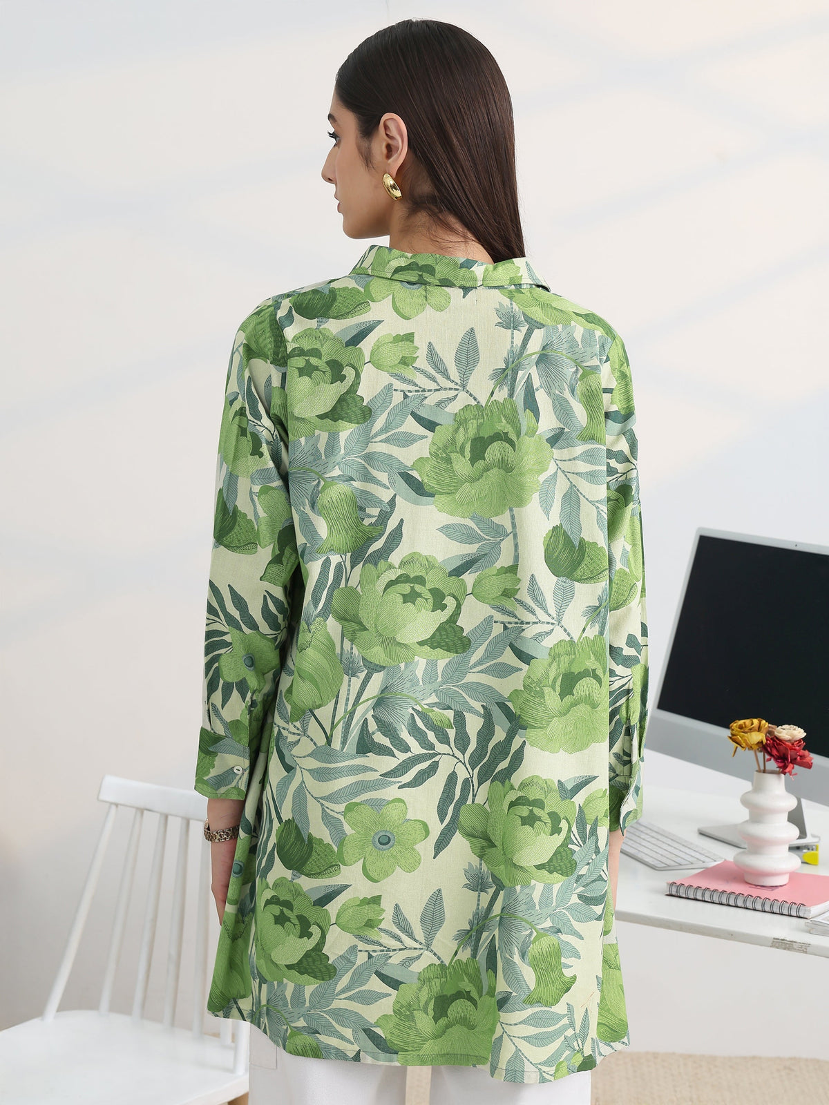 Libas Green Printed Cotton Straight Shirt