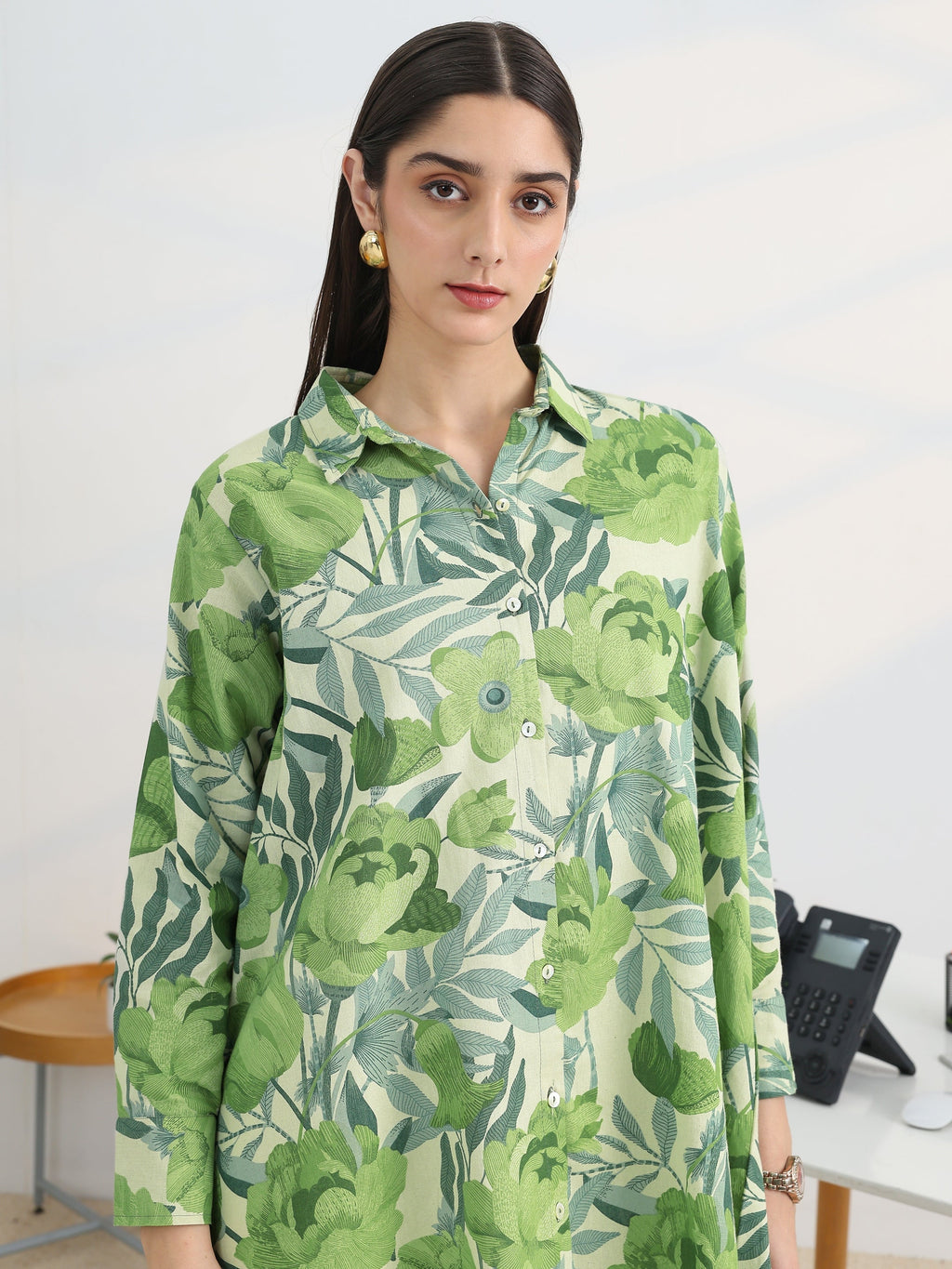 Libas Green Printed Cotton Straight Shirt