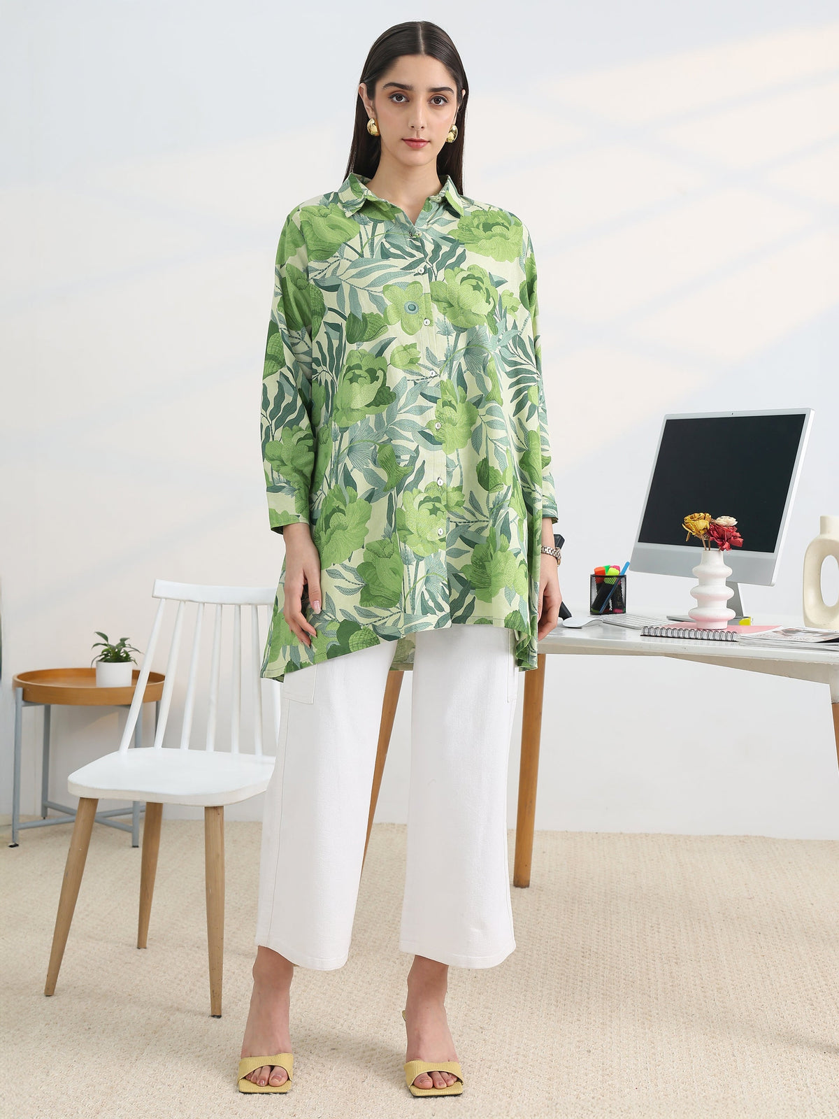 Libas Green Printed Cotton Straight Shirt