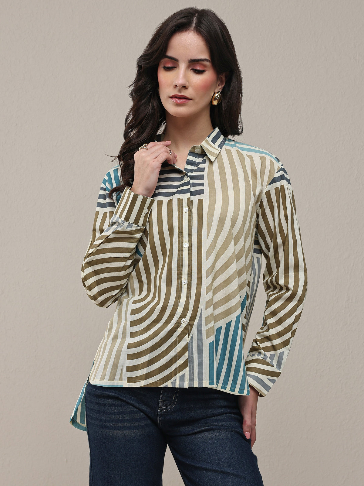 Libas Multi Coloured Striped Printed Cotton Shirt