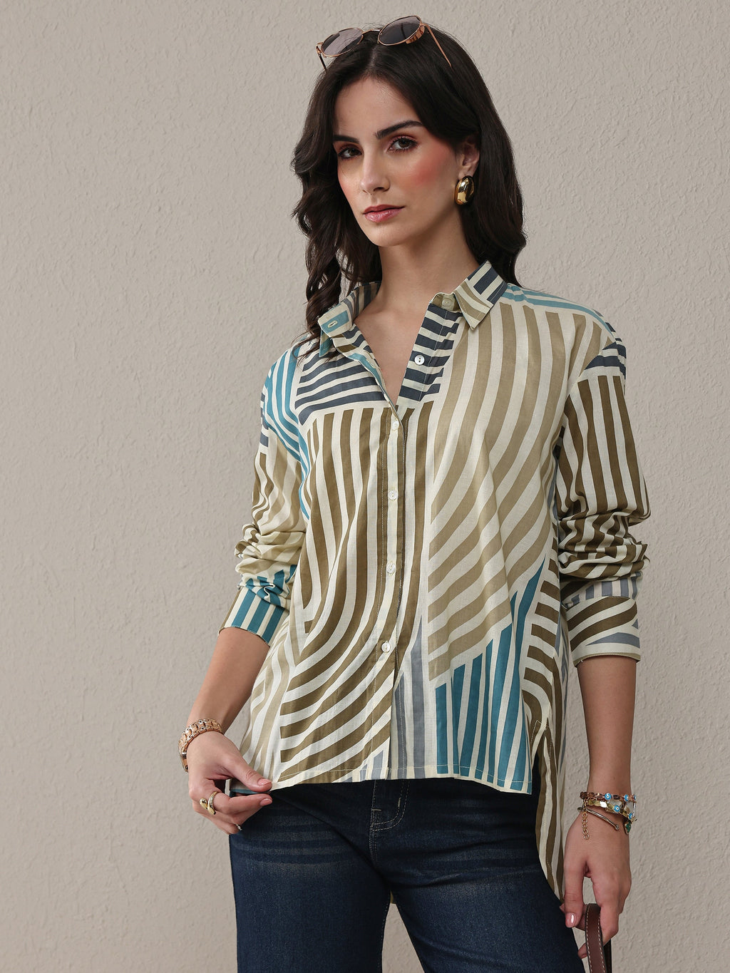 Libas Multi Coloured Striped Printed Cotton Shirt