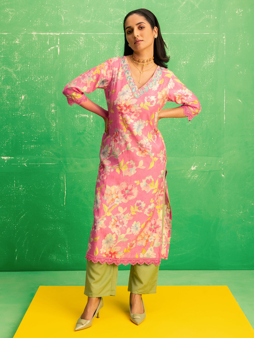 Libas Camila Pink Printed Silk Blend Straight Kurta