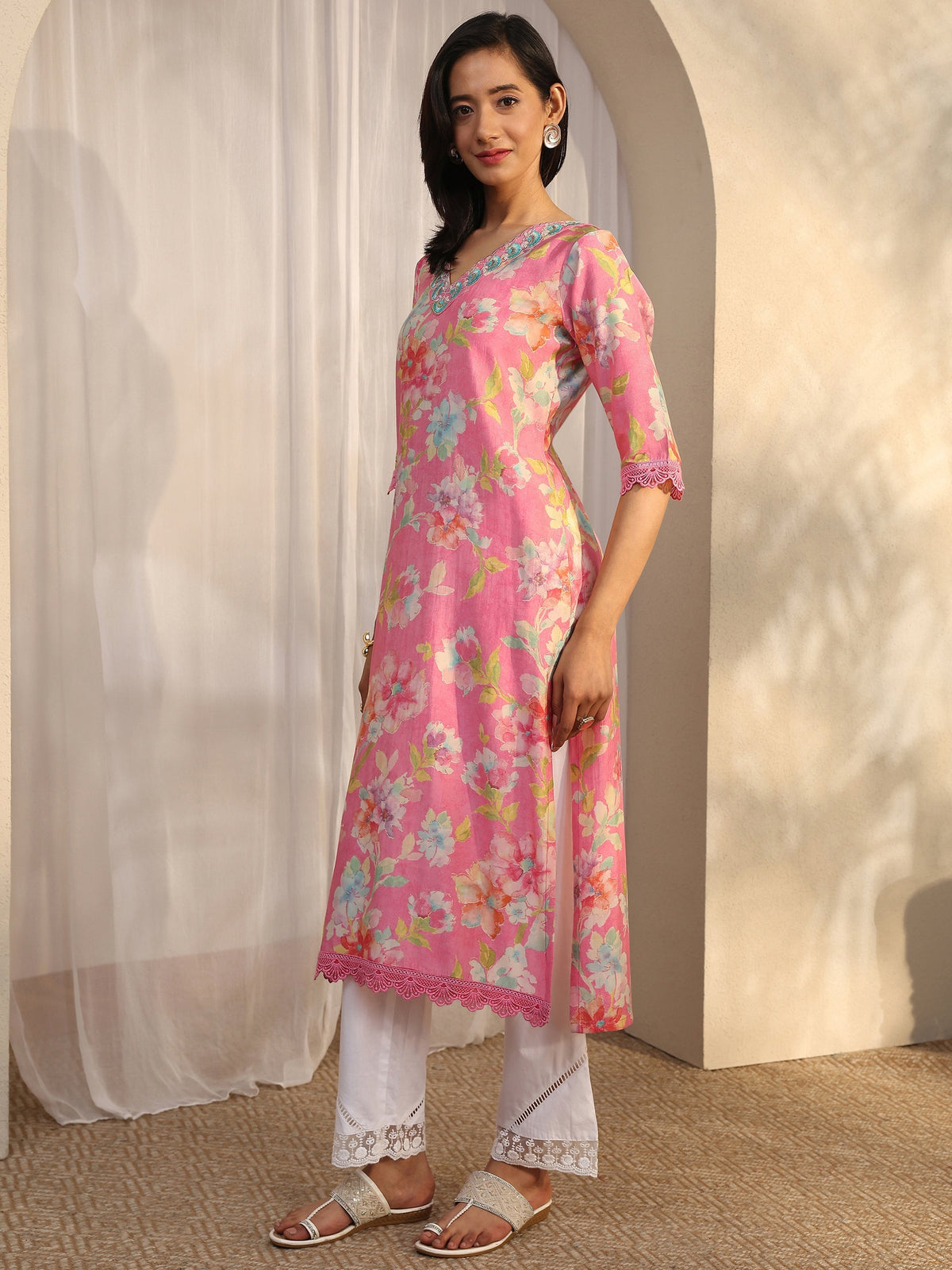 Libas Camila Pink Printed Silk Blend Straight Kurta