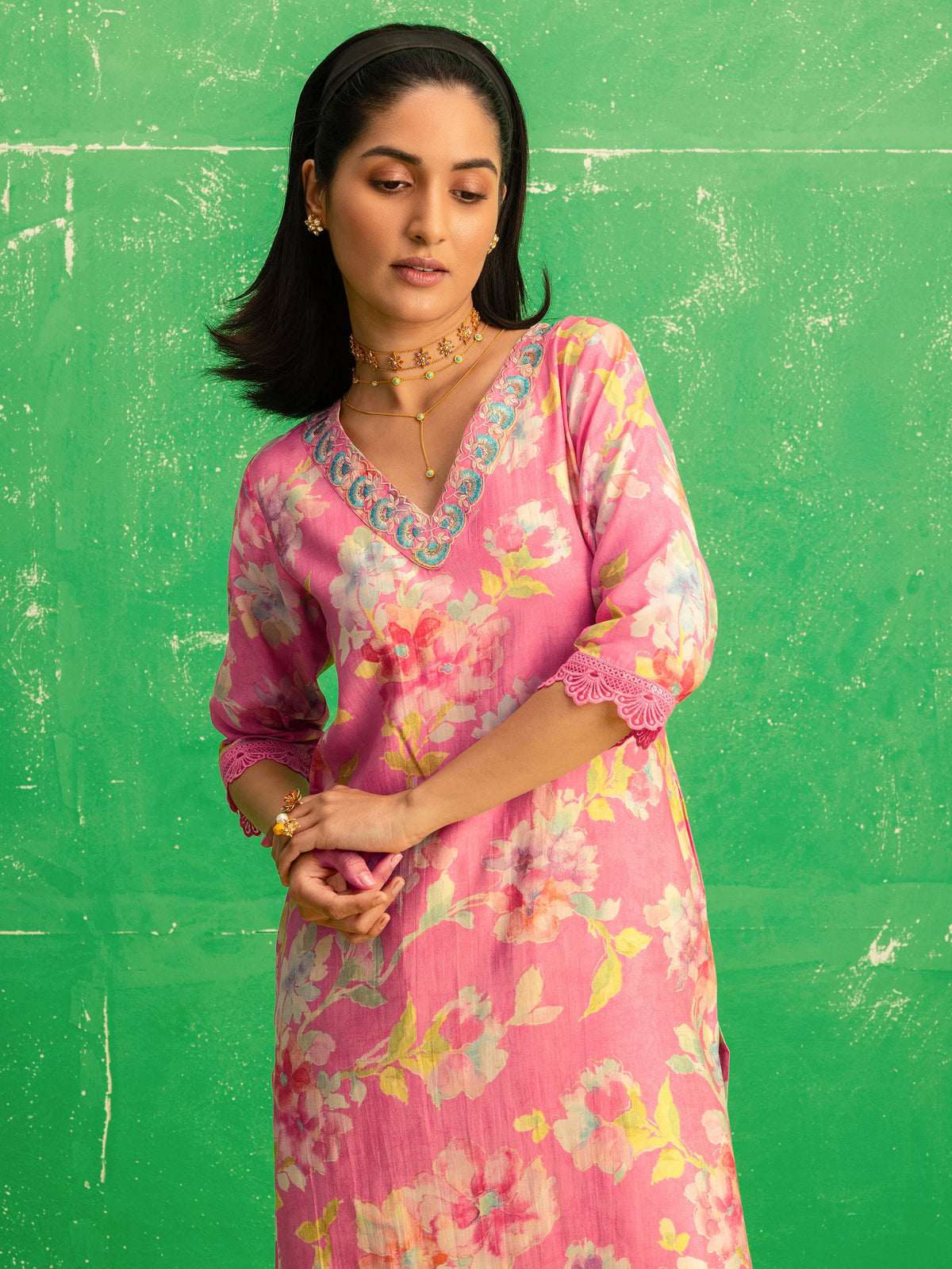 Libas Camila Pink Printed Silk Blend Straight Kurta