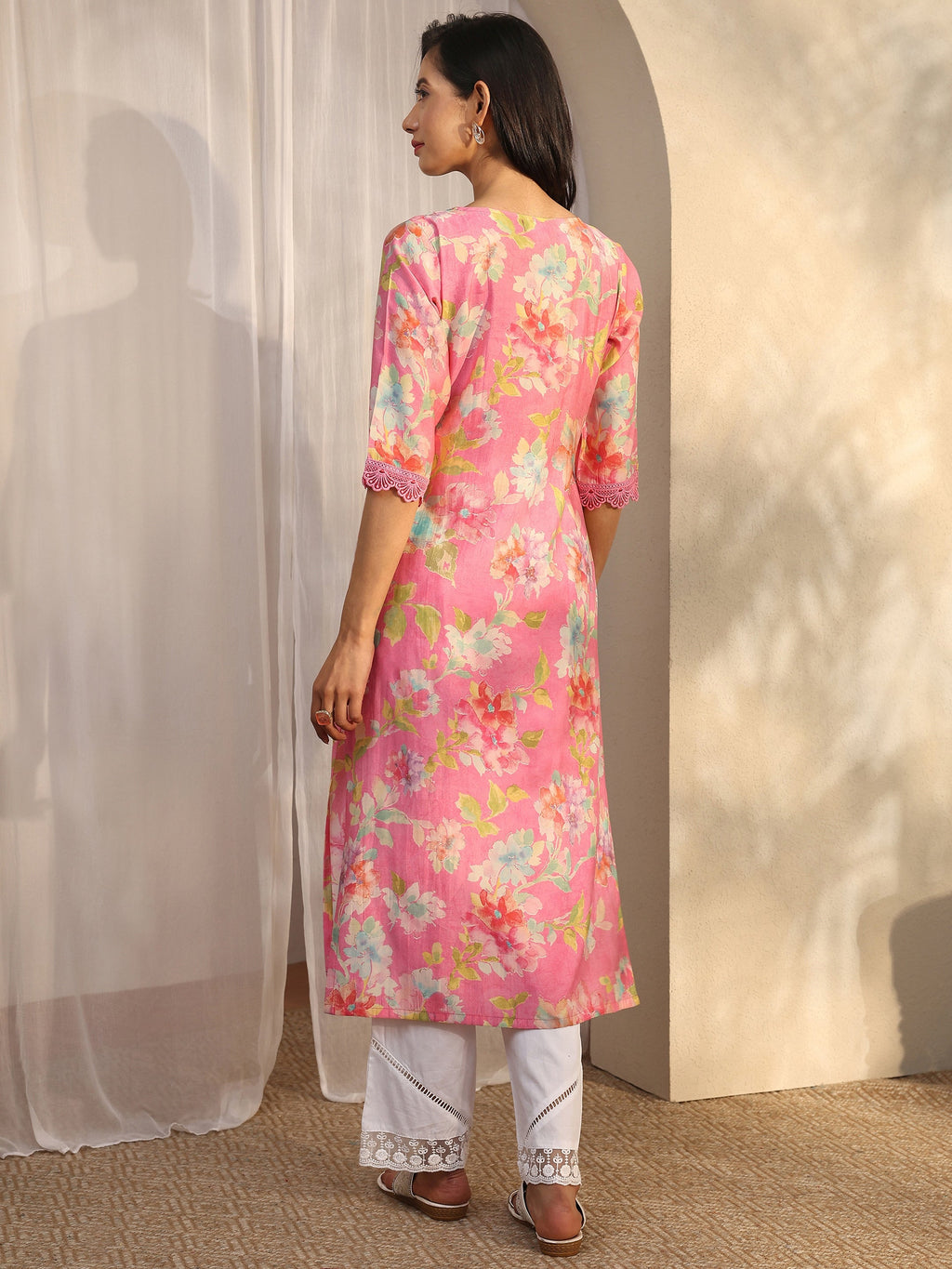 Libas Camila Pink Printed Silk Blend Straight Kurta