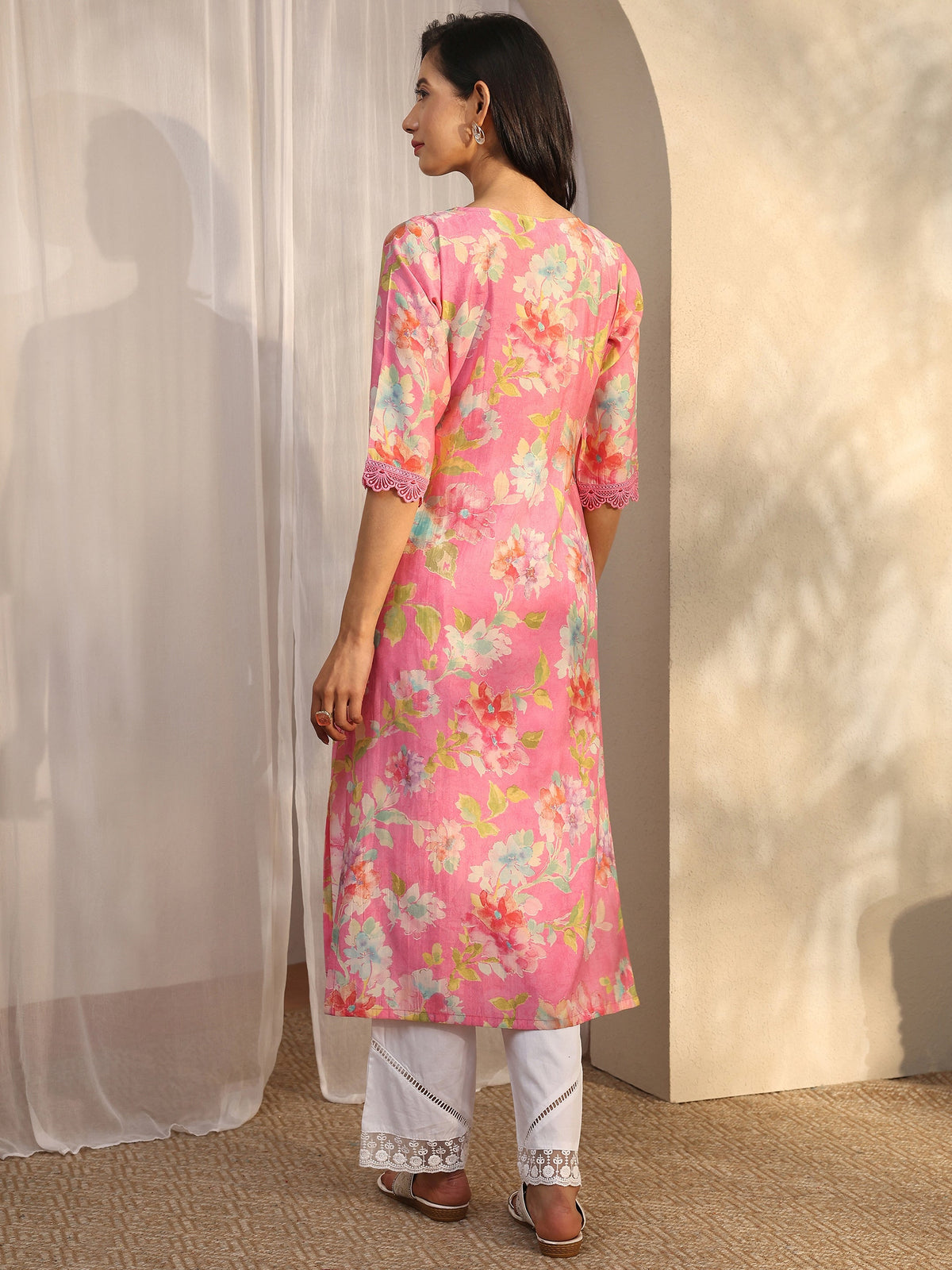 Libas Camila Pink Printed Silk Blend Straight Kurta