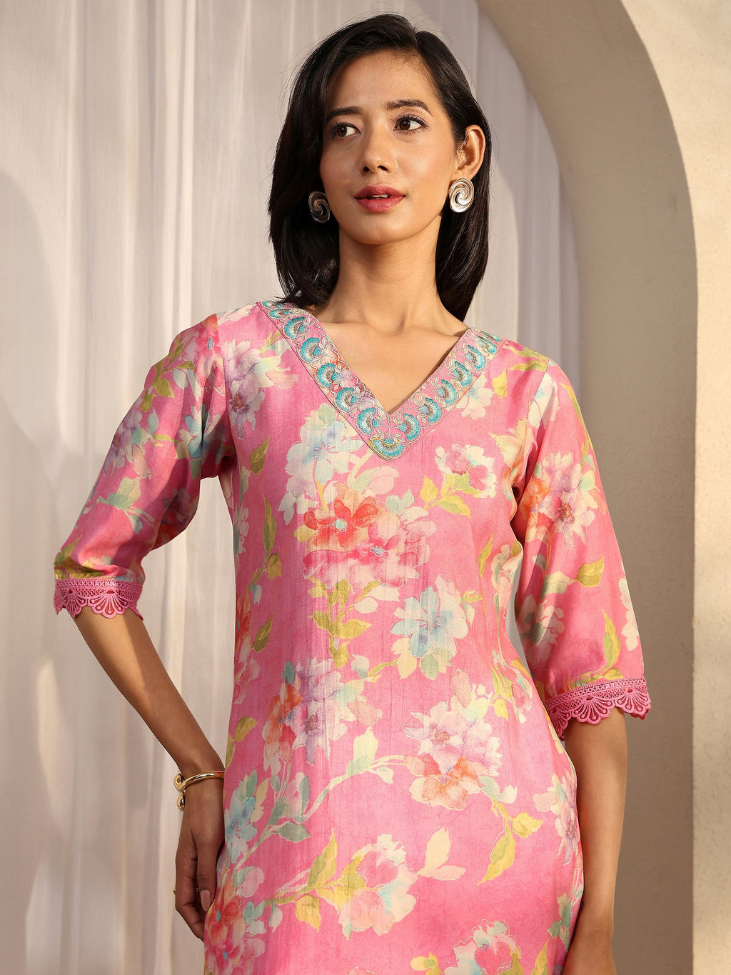Libas Camila Pink Printed Silk Blend Straight Kurta