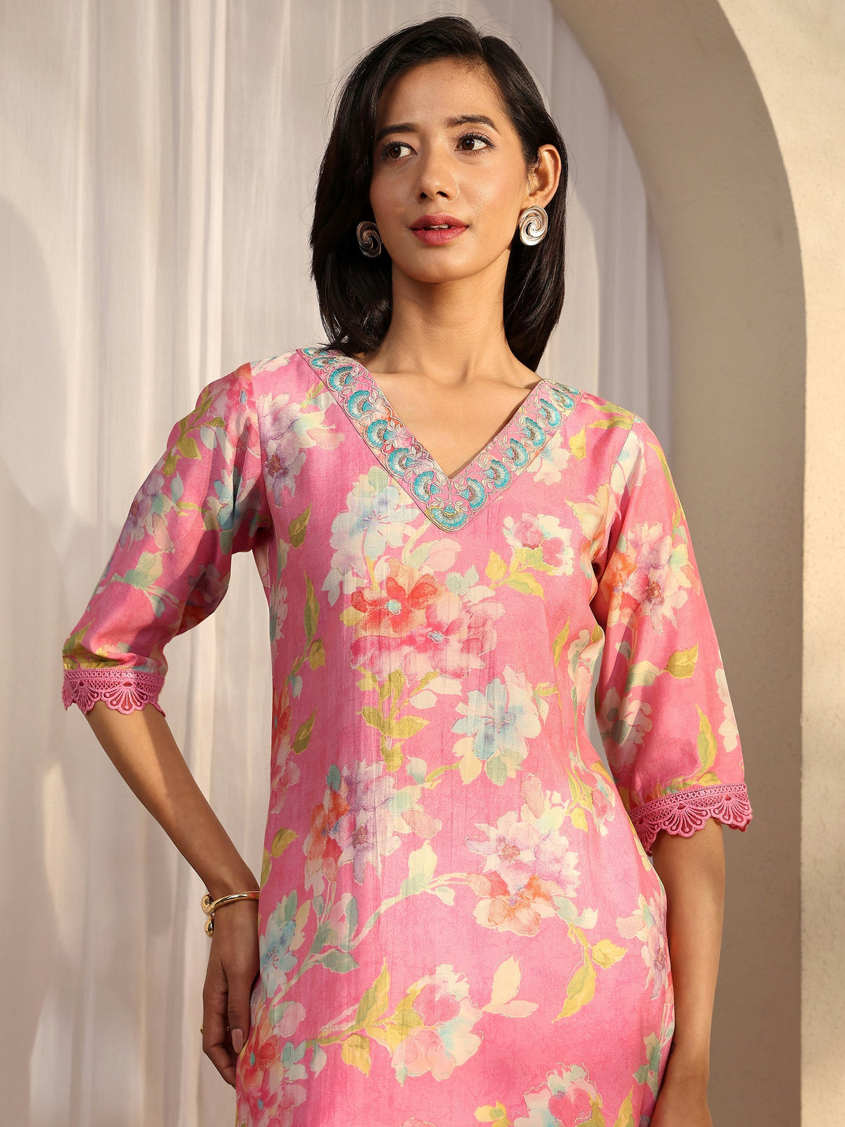Libas Camila Pink Printed Silk Blend Straight Kurta