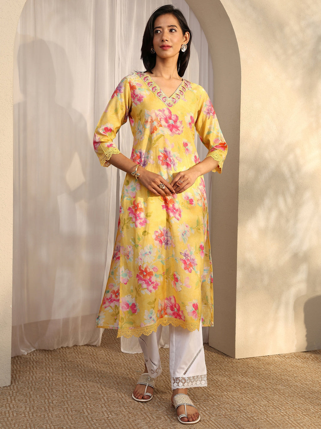 Libas Yellow Printed Silk Blend Straight Kurta