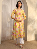 Libas Yellow Printed Silk Blend Straight Kurta