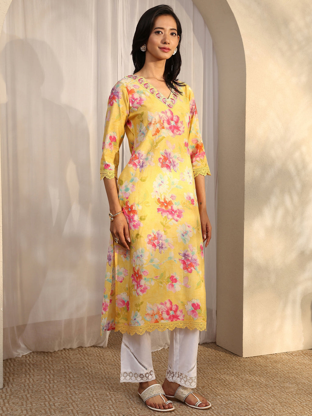 Libas Yellow Printed Silk Blend Straight Kurta