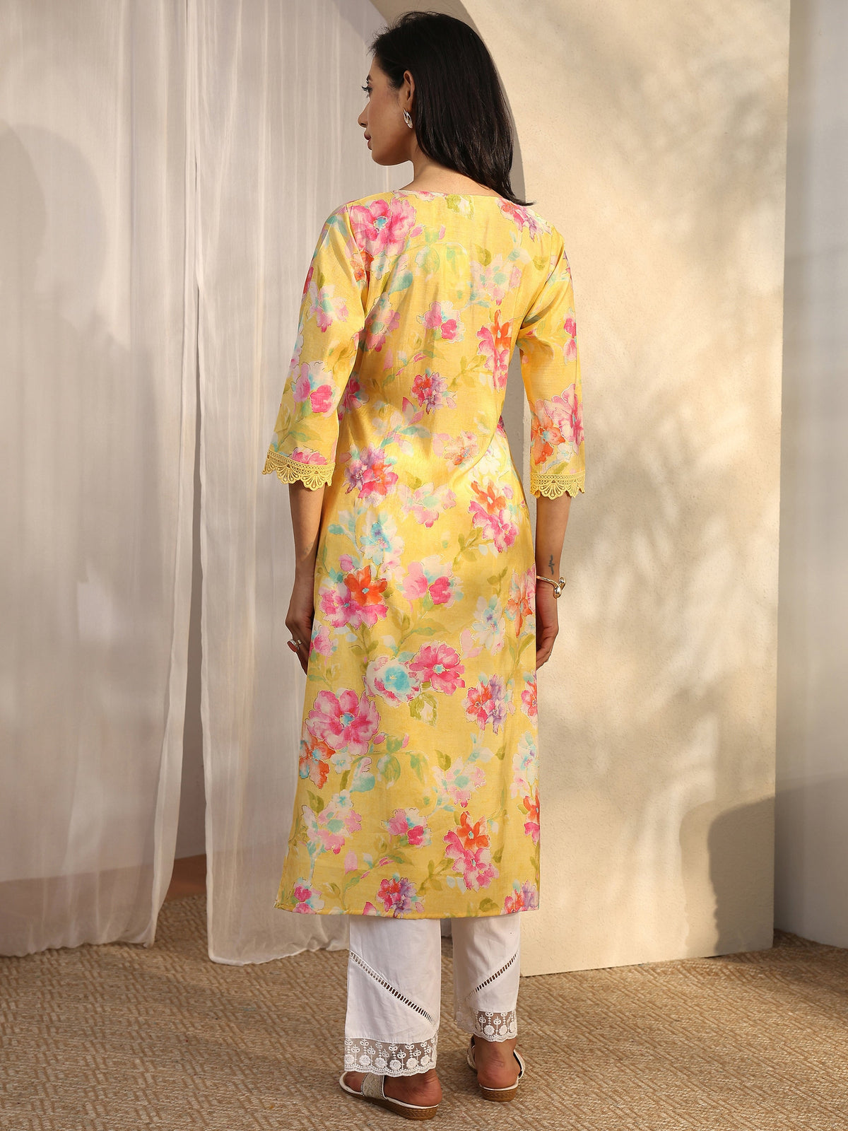 Libas Yellow Printed Silk Blend Straight Kurta