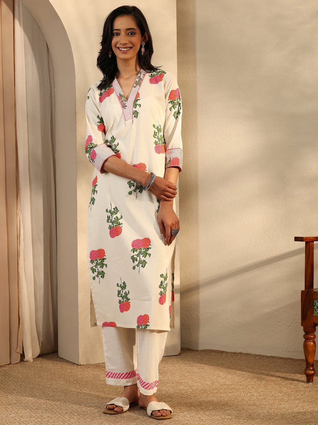 Libas Off White Printed Cotton Straight Kurta