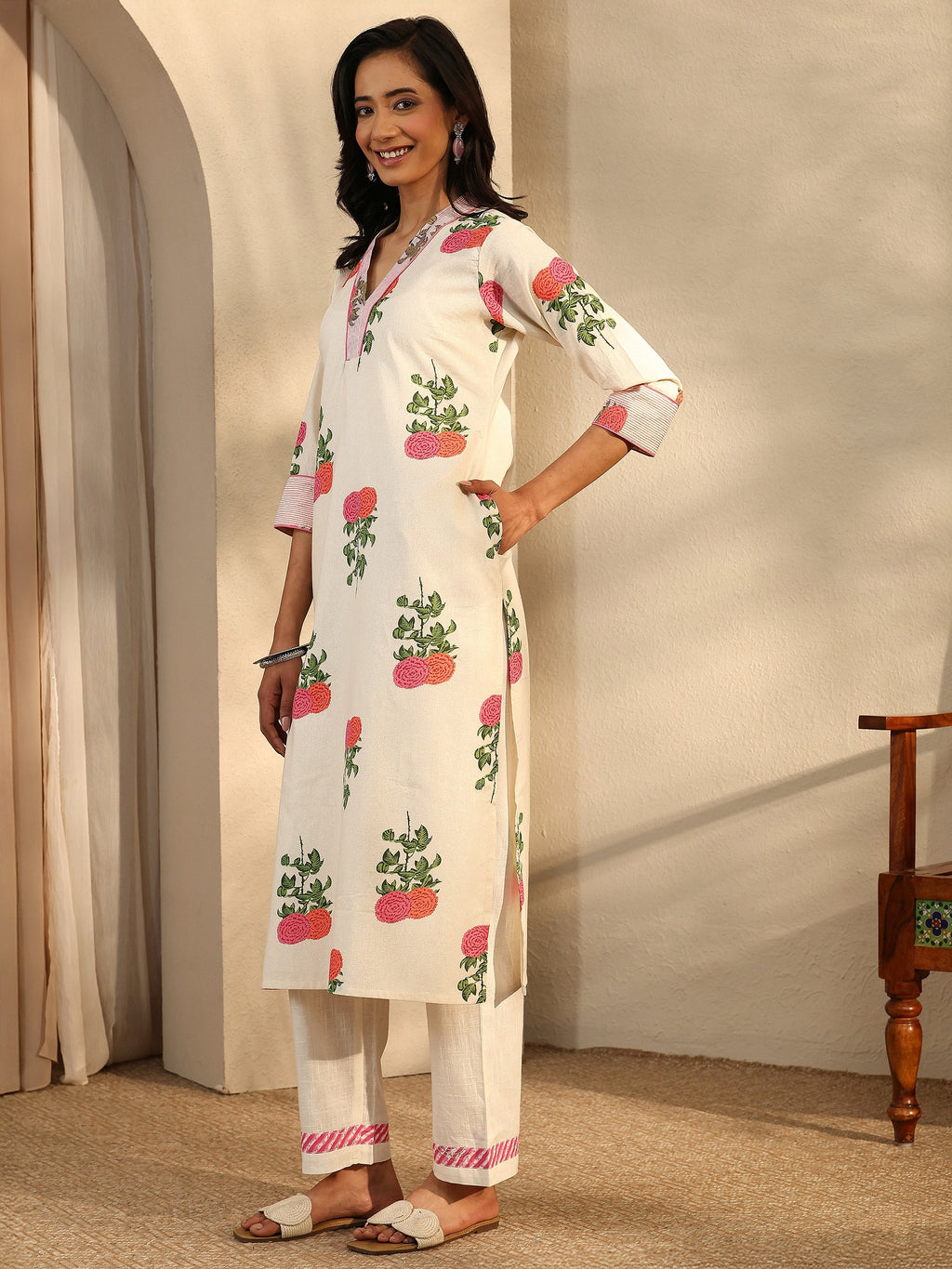 Libas Off White Printed Cotton Straight Kurta