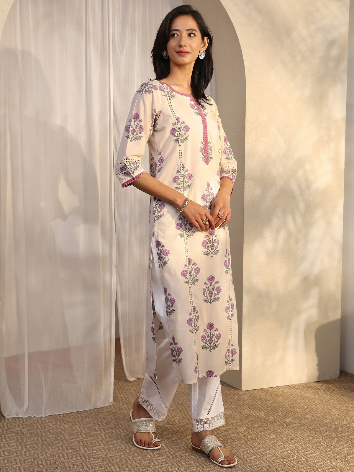 Libas Off White Printed Cotton Straight Kurta