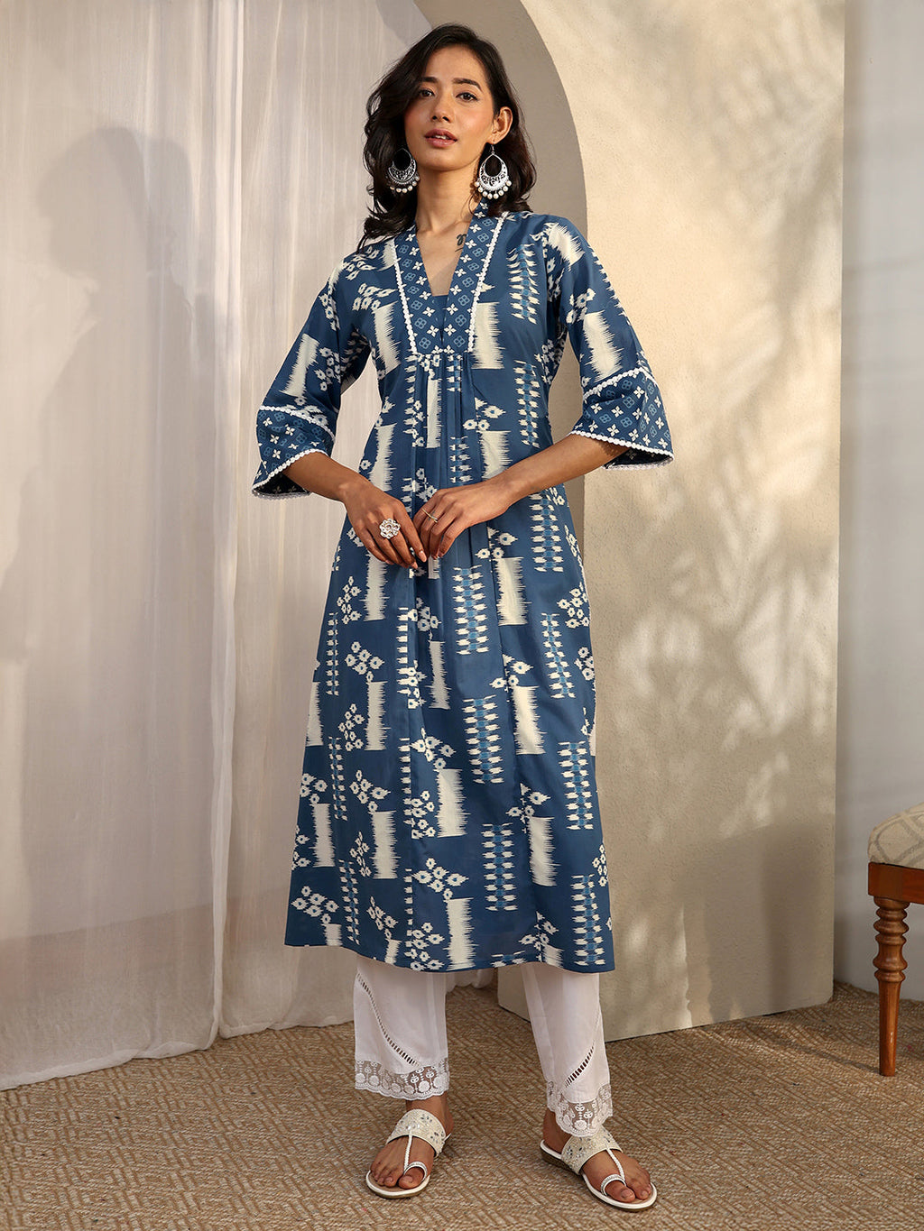 Libas Blue Block Printed Cotton A-Line Kurta