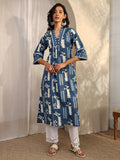 Libas Blue Block Printed Cotton A-Line Kurta