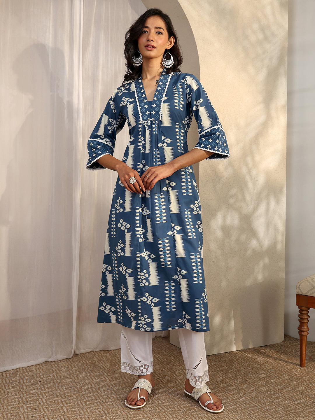 Libas Blue Block Printed Cotton A-Line Kurta