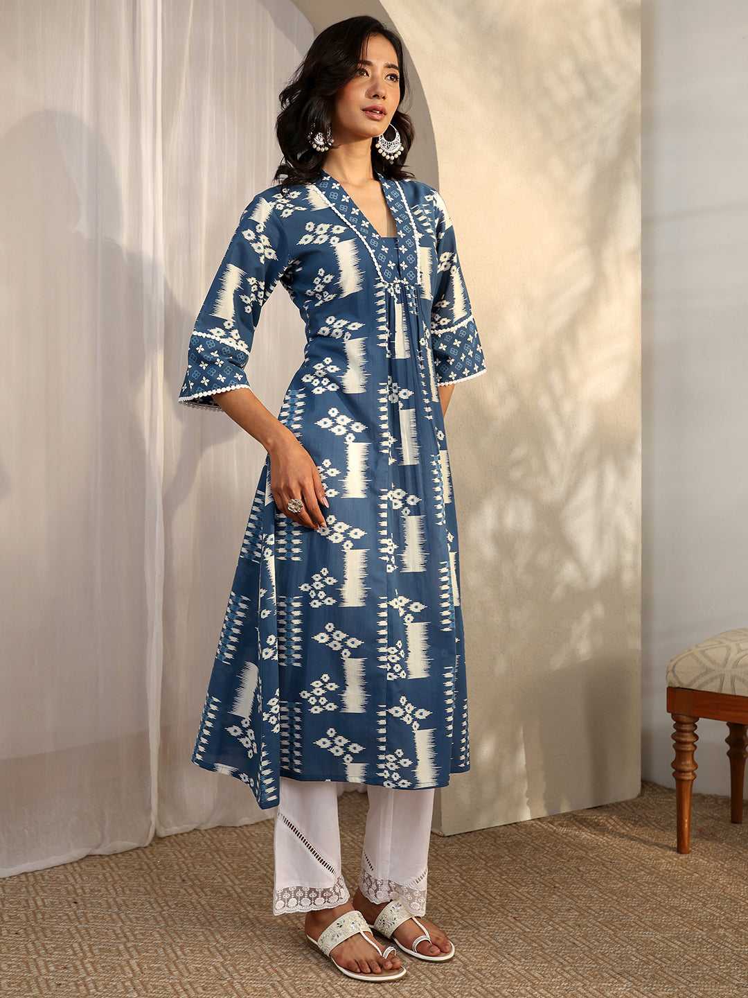 Libas Blue Block Printed Cotton A-Line Kurta