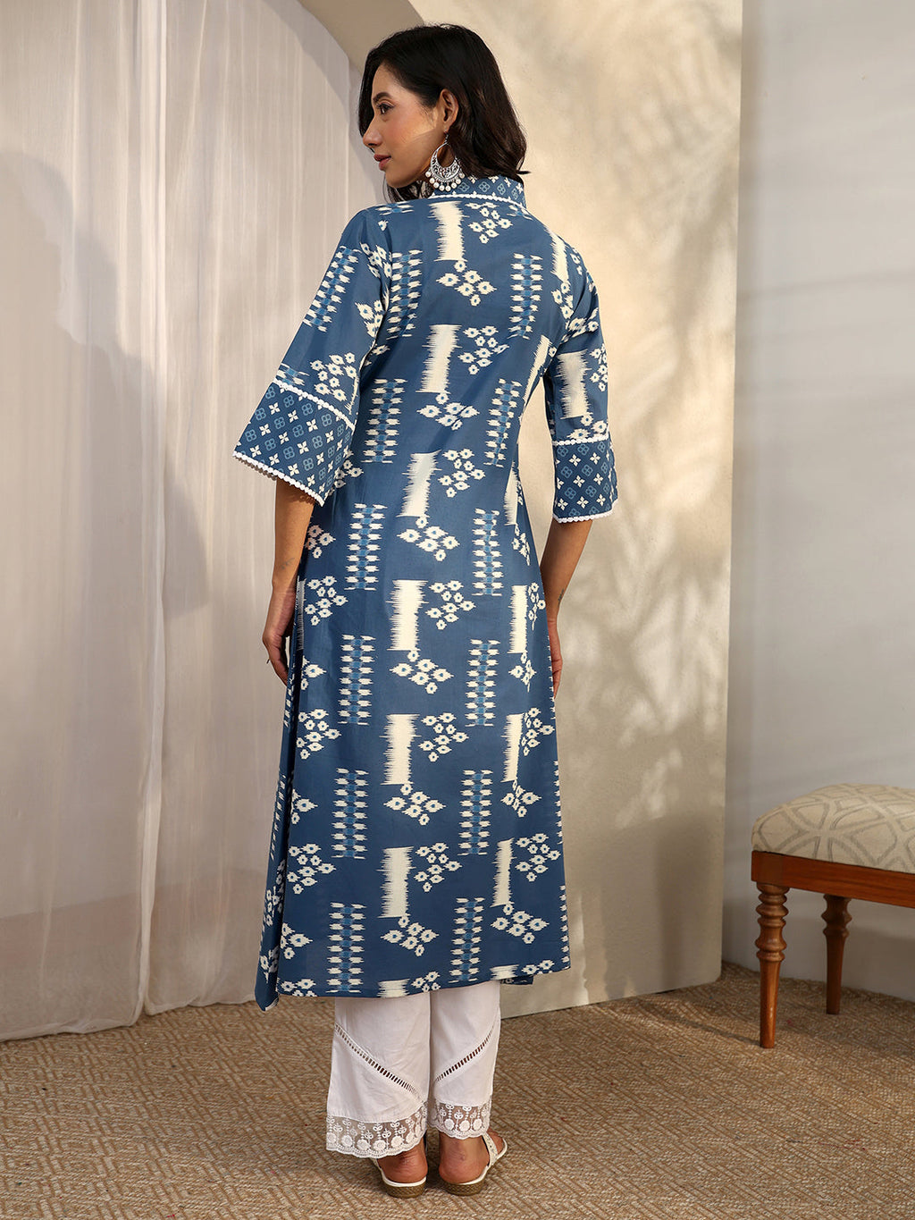 Libas Blue Block Printed Cotton A-Line Kurta
